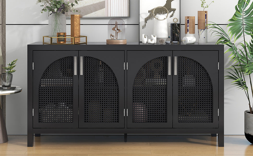 TREATLIFE HOME Large Storage Space Sideboard with Rattan Door Panels and Metal Handles, Ideal for Living Room or Entryway, Black