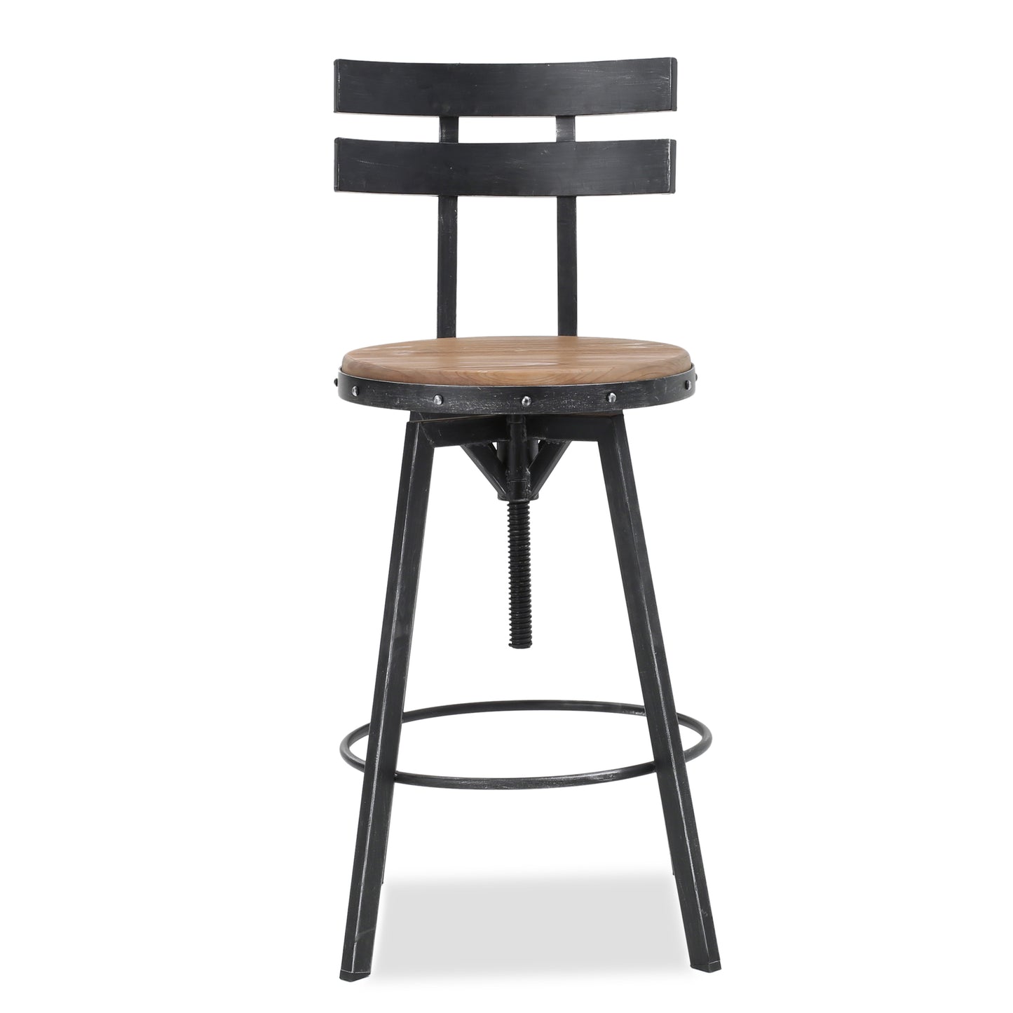 Adjustable industrial bar stool with distressed metal frame and natural wood seat
