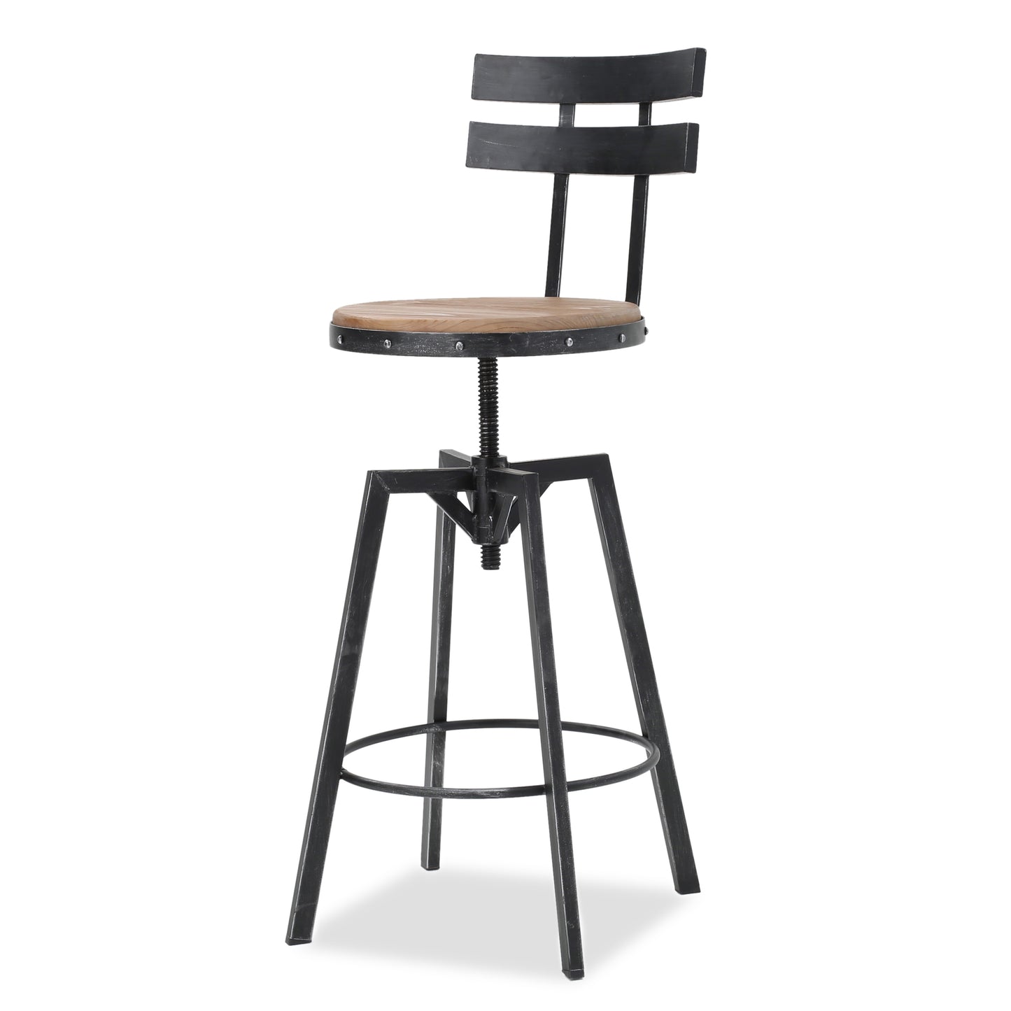 Industrial bar stool with wooden seat and black metal frame