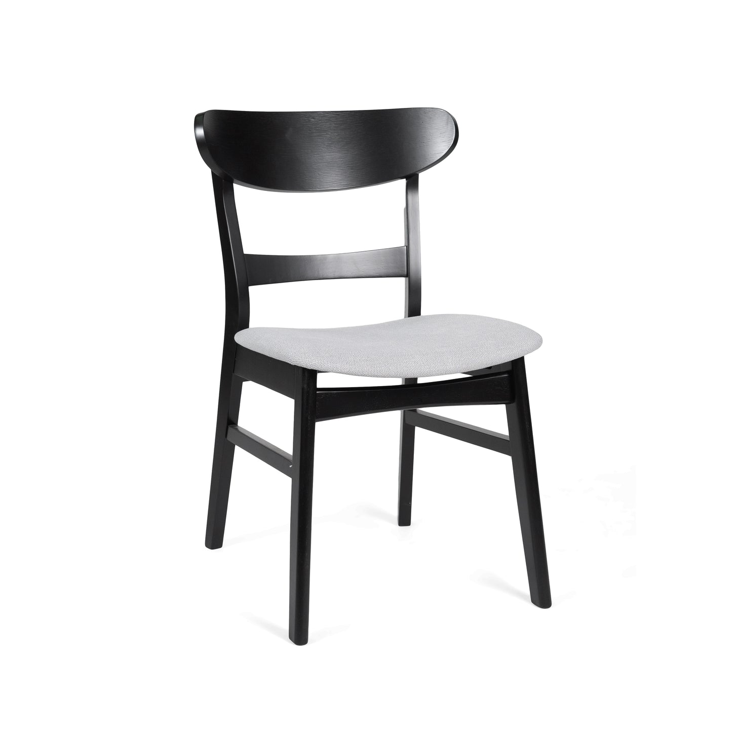 Black wooden dining chair with a light gray upholstered seat