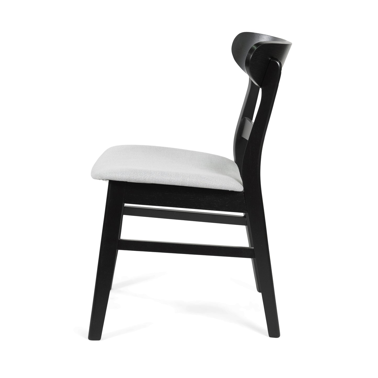 Black wooden dining chair with light gray fabric seat