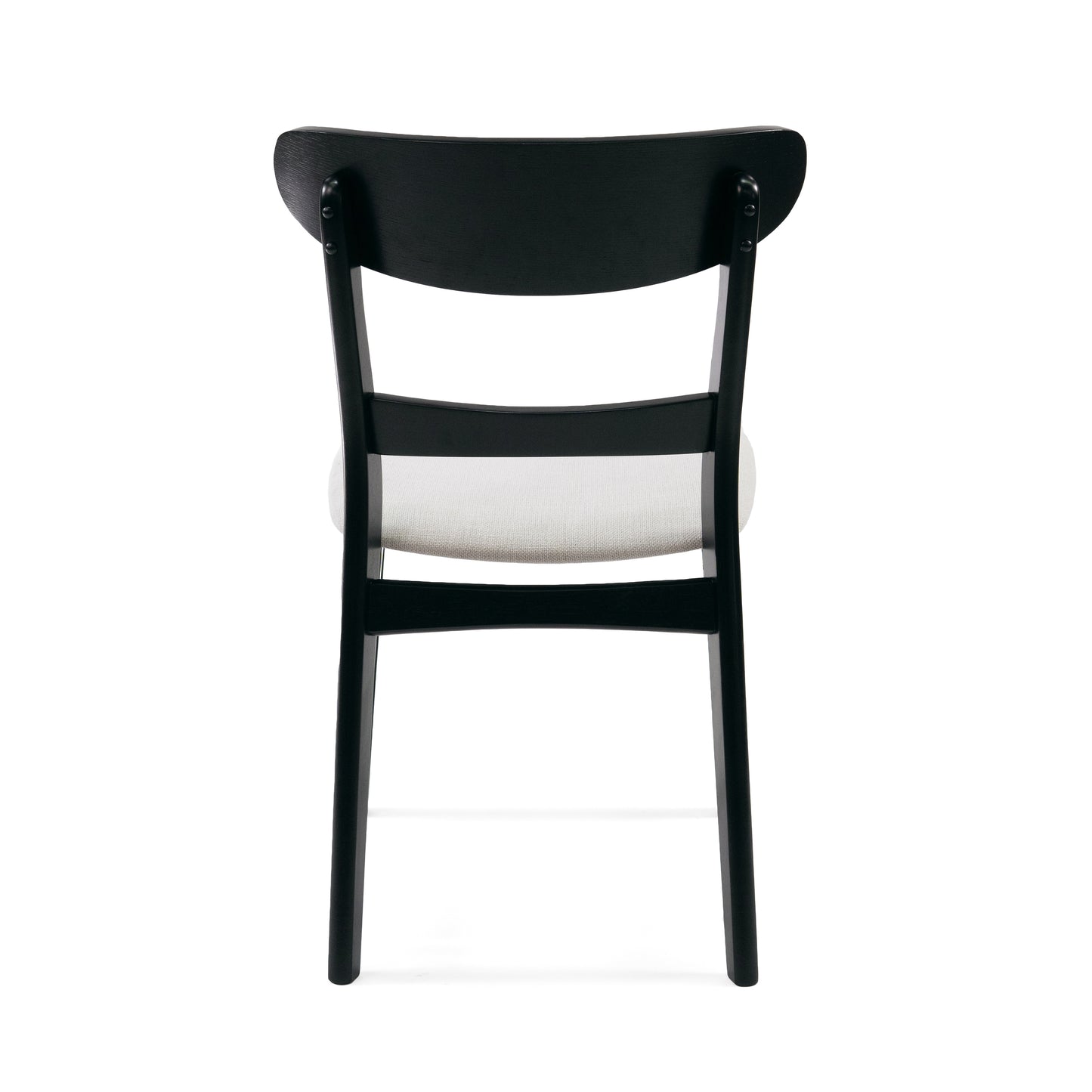 Back view of modern black wood dining chair with woven seat