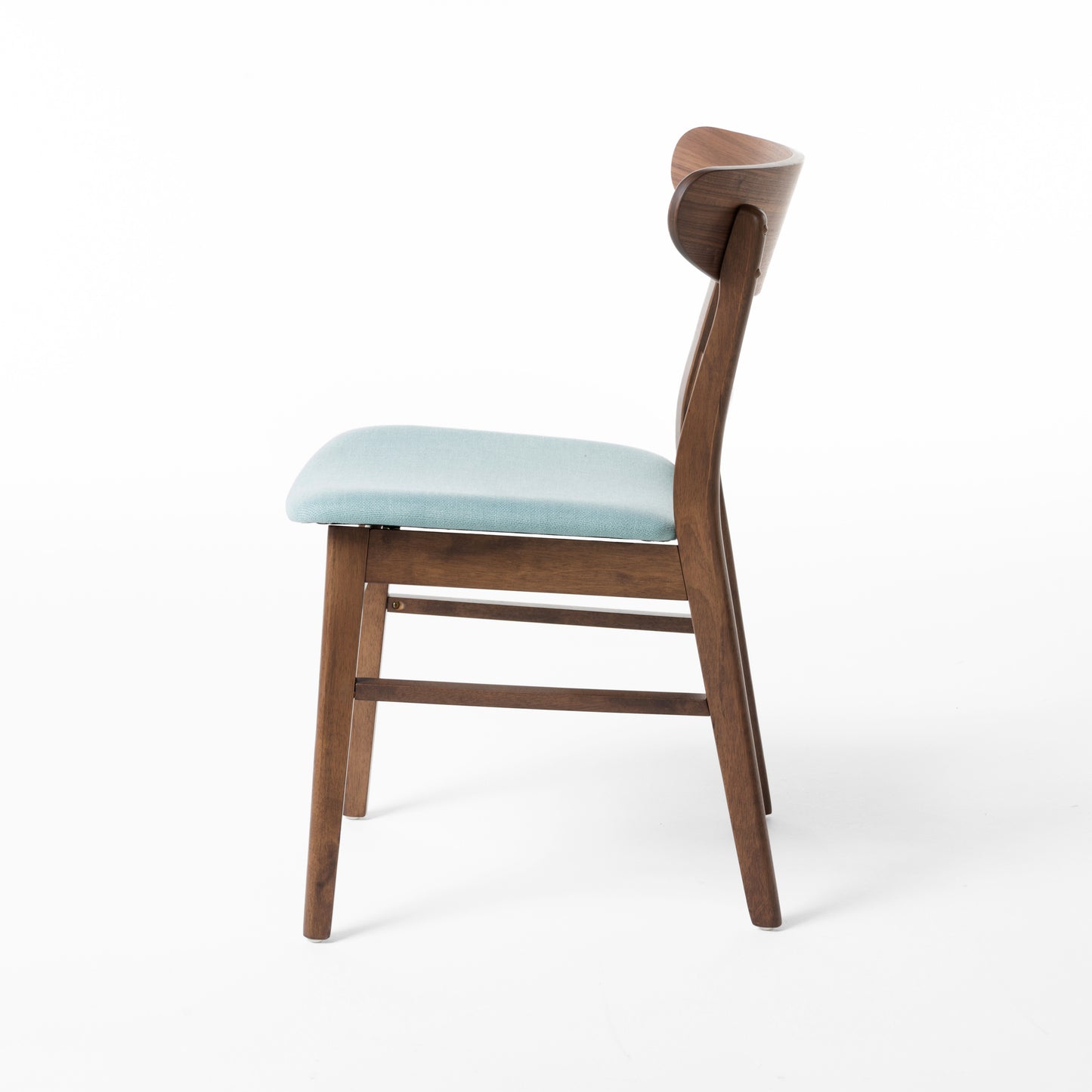 Modern walnut dining chair with light blue upholstered seat