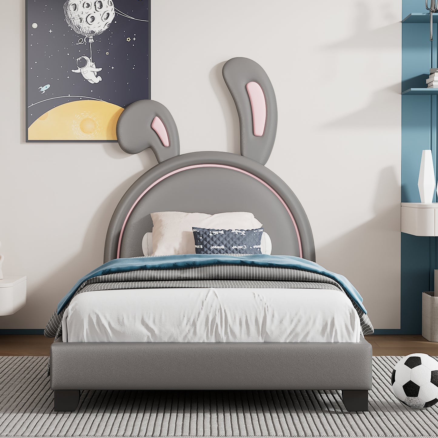 Grey upholstered kids bed with bunny ears headboard perfect for a playful bedroom