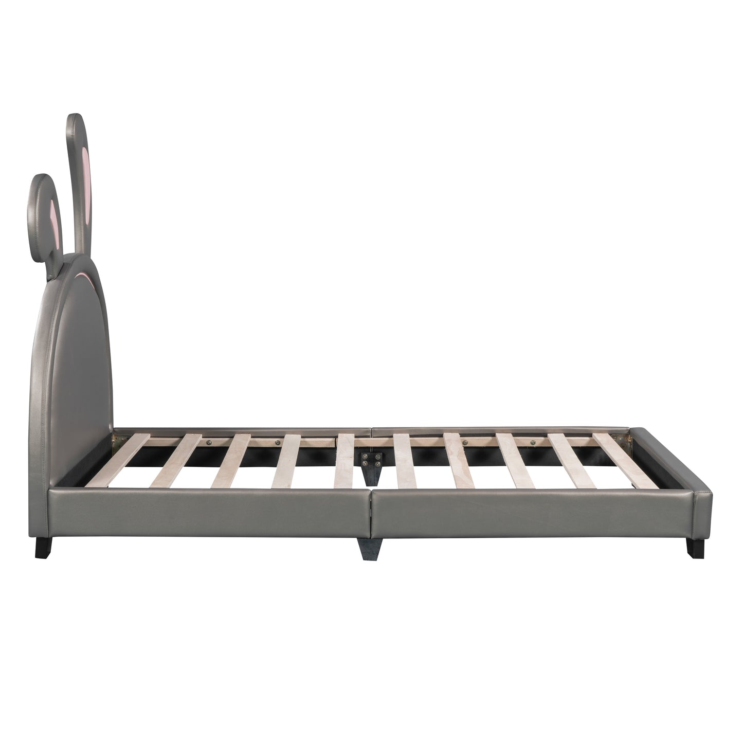 Grey faux leather twin bed frame with bunny ears headboard