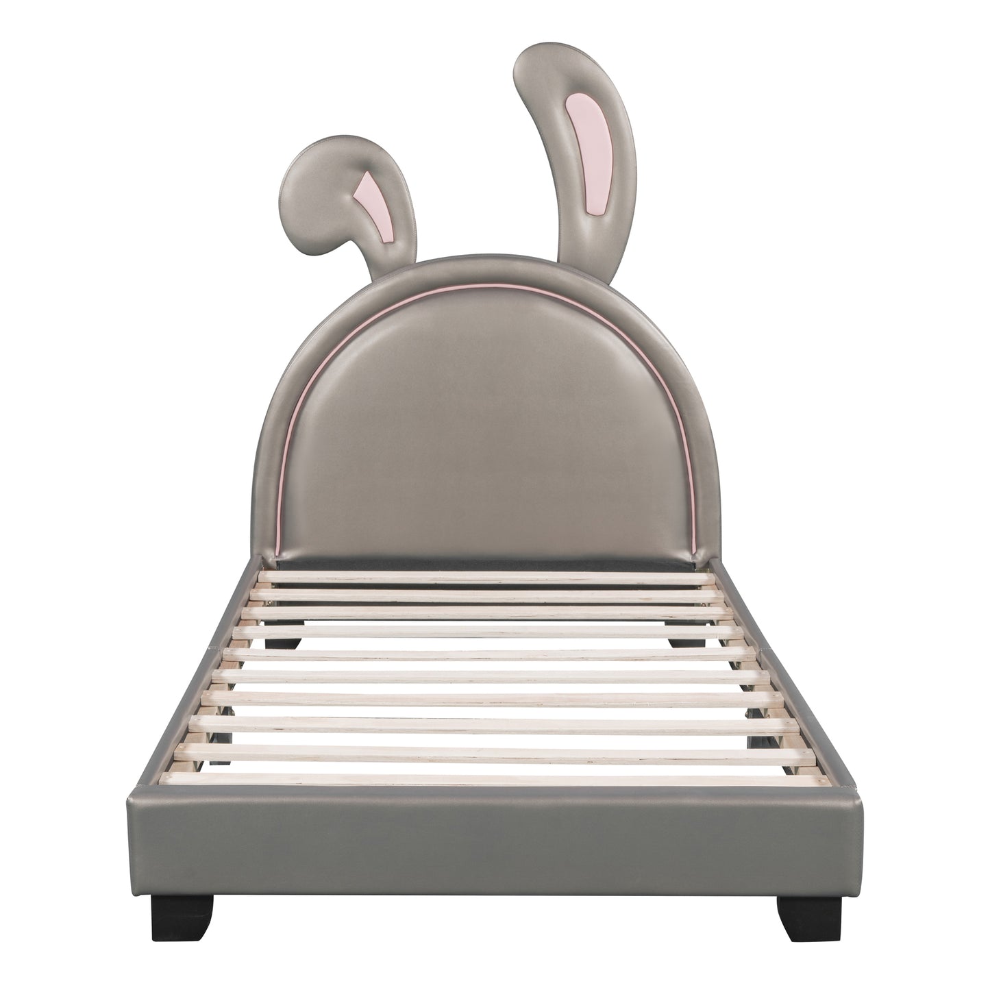 Gray upholstered twin bed frame with playful bunny ears on headboard