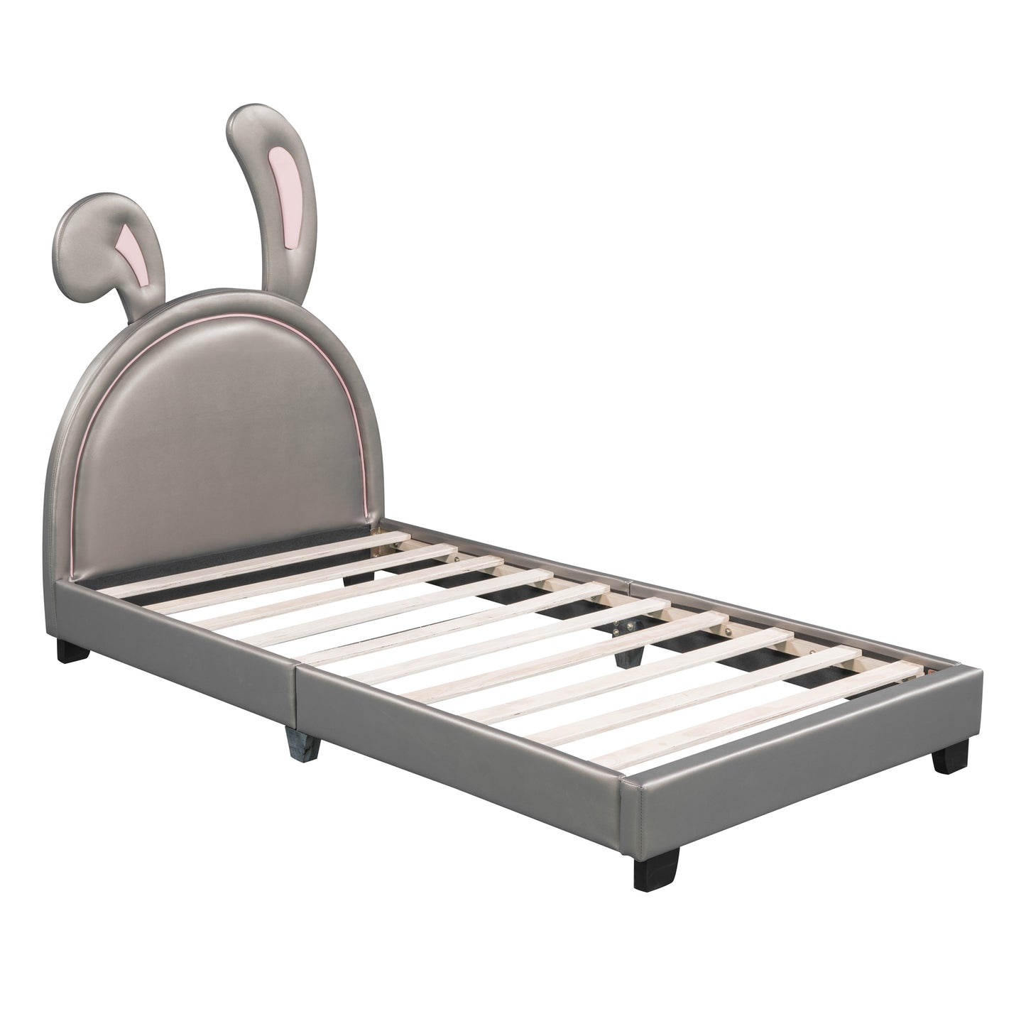 Gray upholstered twin bed frame with rabbit ears headboard
