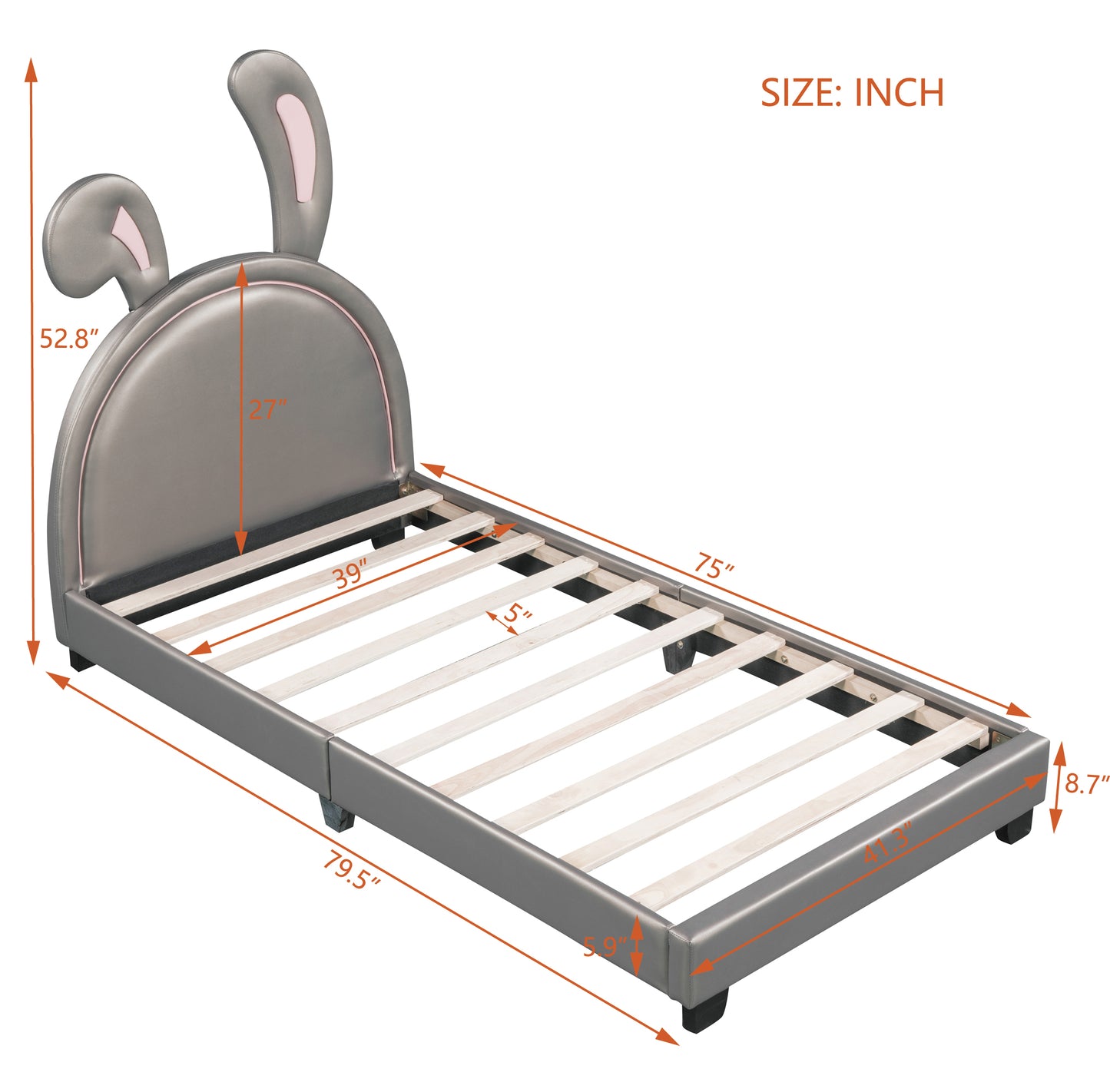Gray faux leather twin bed frame with bunny ears headboard and wooden slats for children