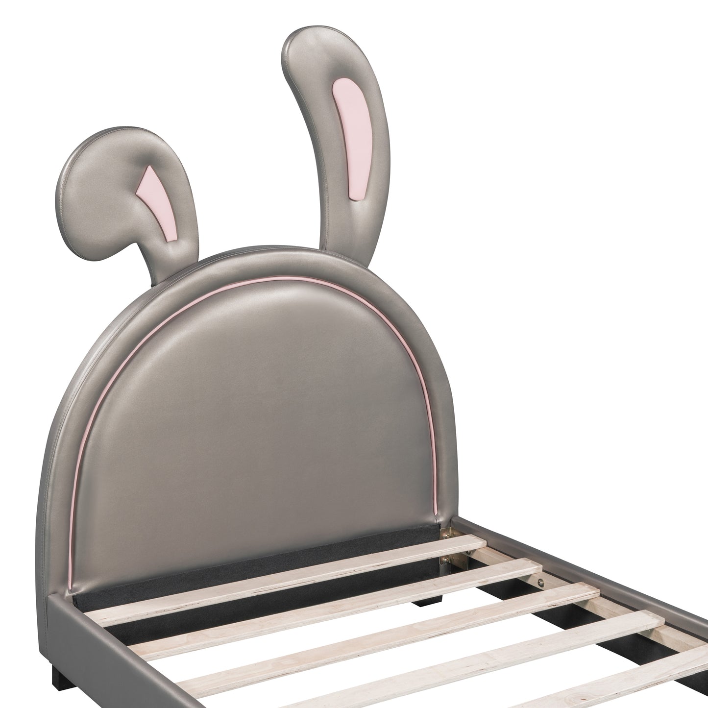 Grey faux leather twin bed frame with cute bunny ears and pink trim
