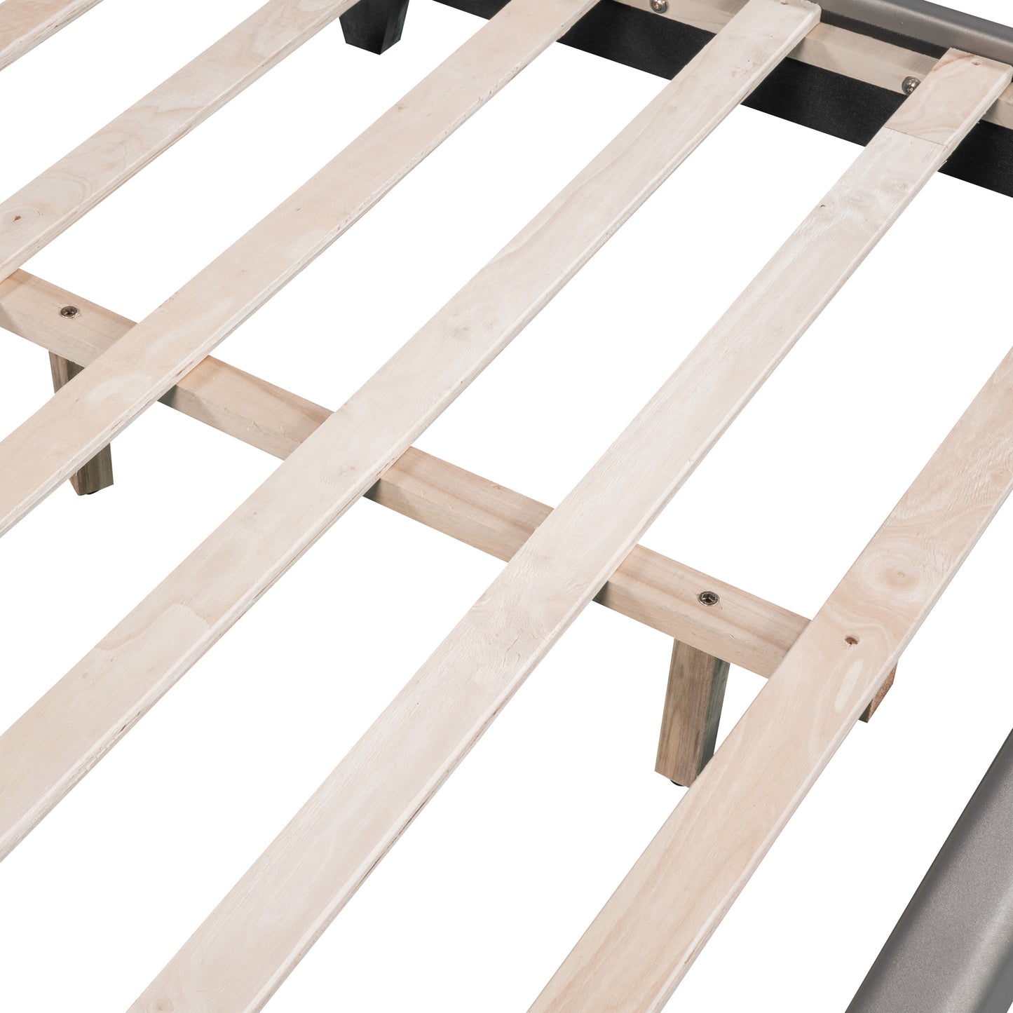 Closeup of light wood slats on a metal bed frame
