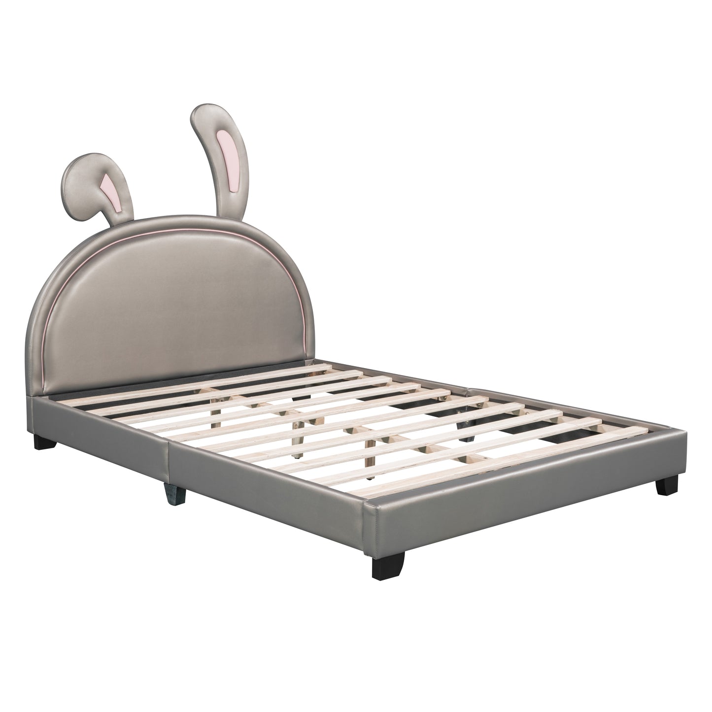 Gray faux leather toddler bed with fun bunny ear headboard