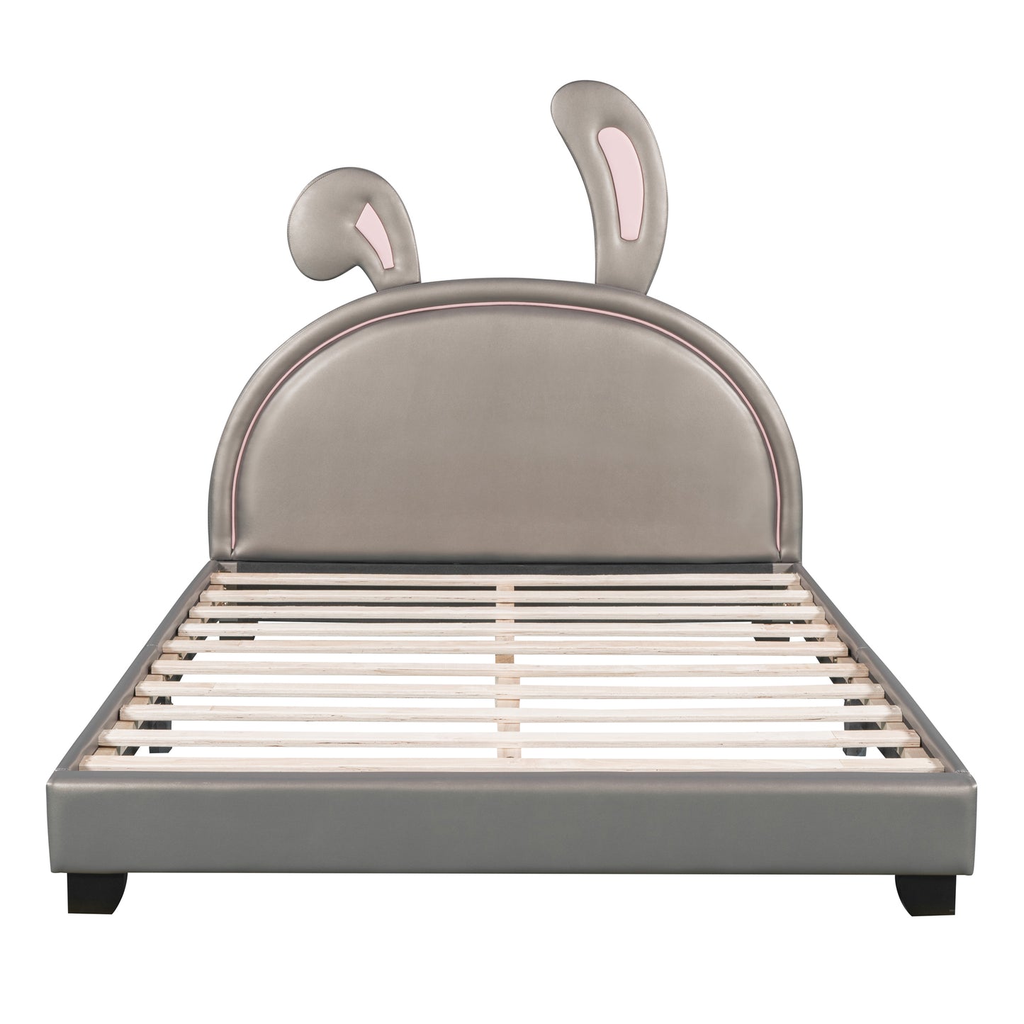 Gray toddler bed frame with playful bunny ears headboard and pink accents