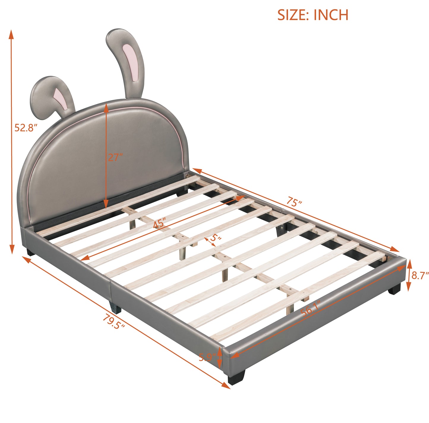 Gray faux leather twin bed frame with playful bunny ears