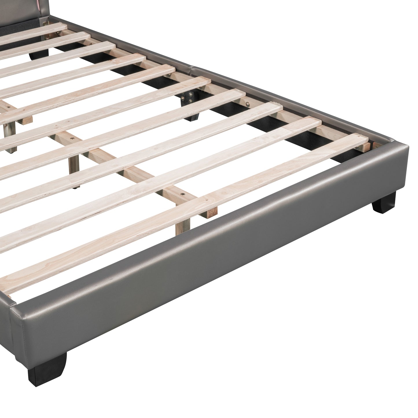 Gray faux leather bed frame with wooden slats