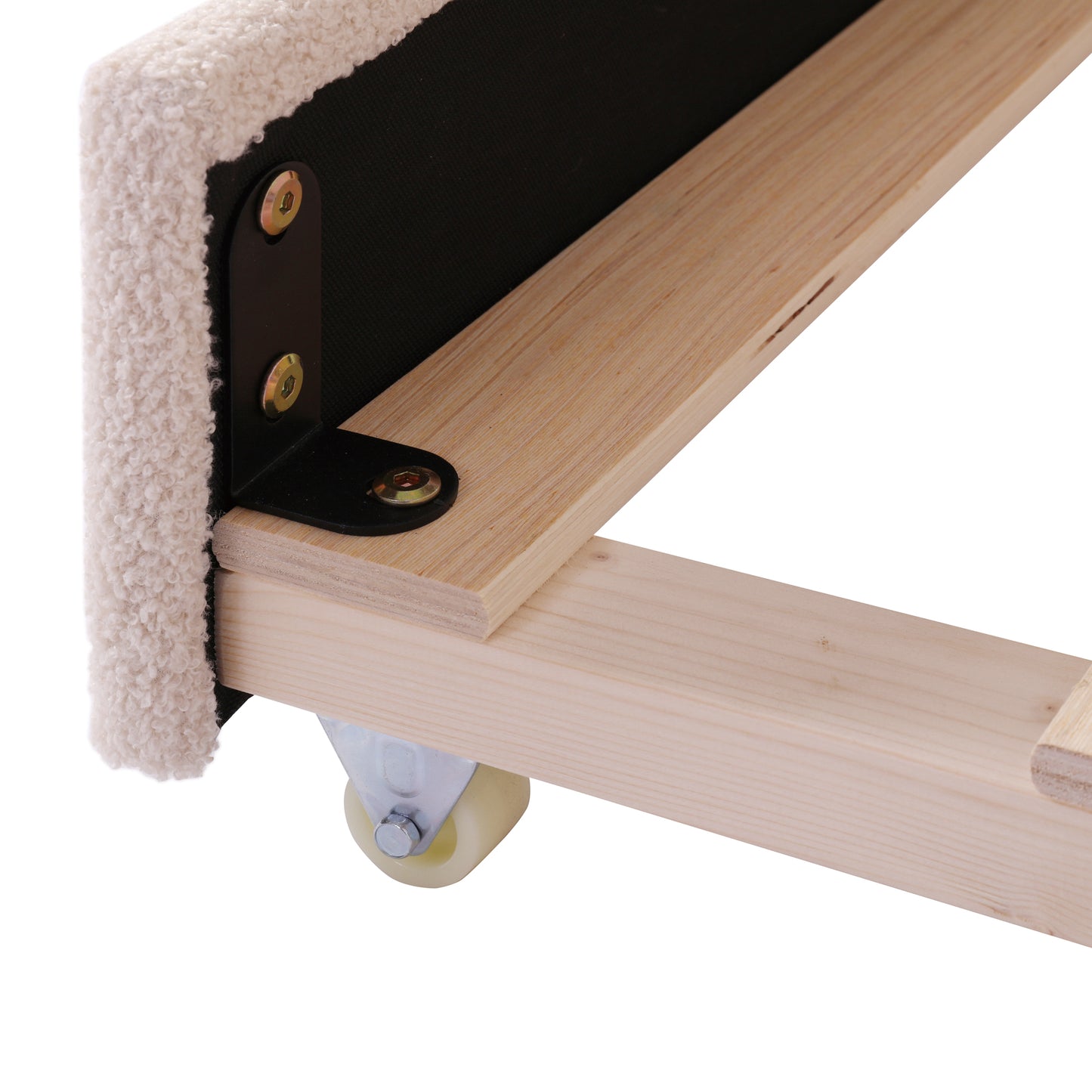 Cream sherpa upholstered furniture base with wooden frame and casters