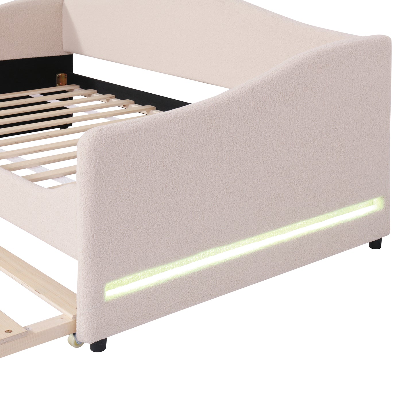 Cream boucle fabric bed frame with integrated LED lighting