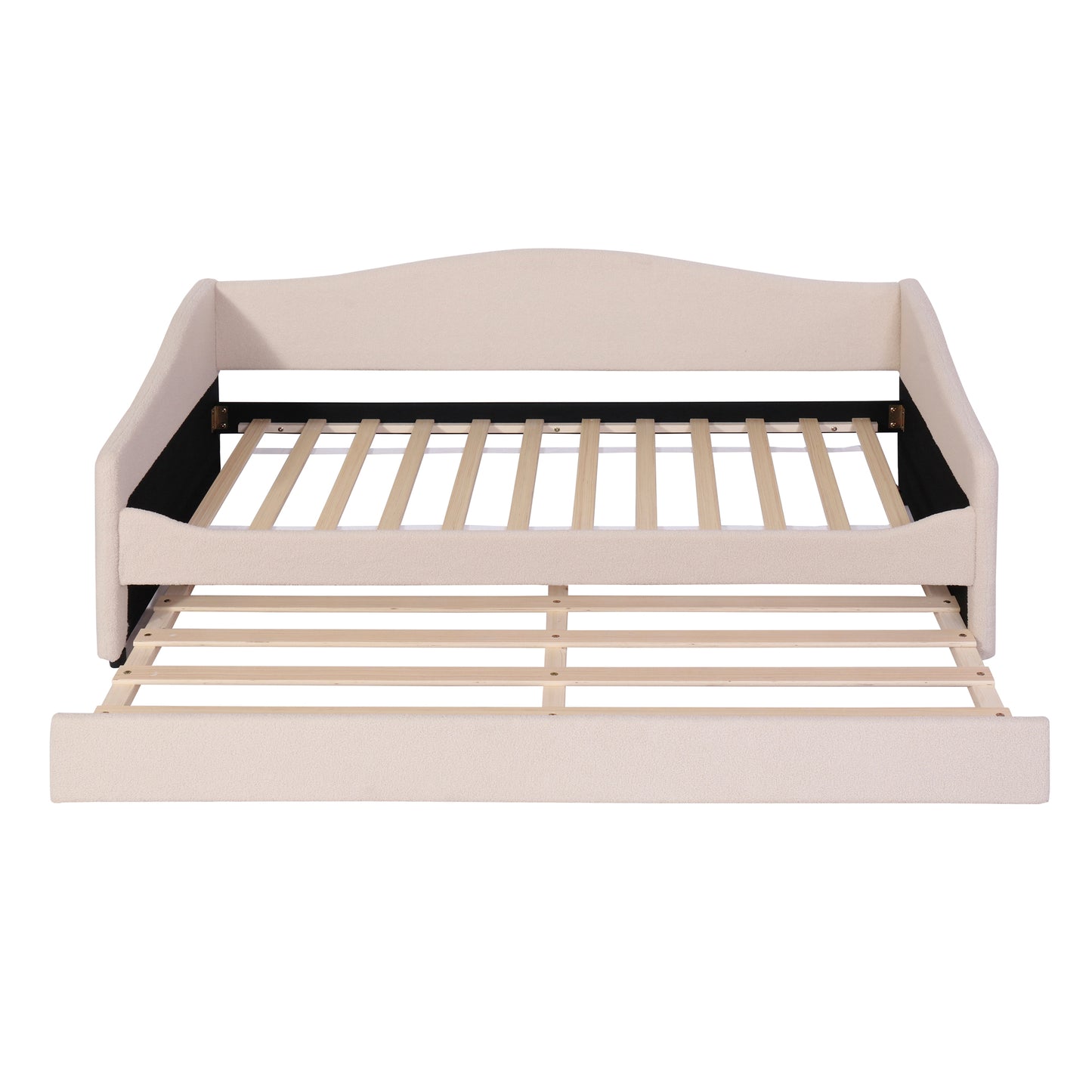 Cream upholstered daybed with a pullout trundle and slatted frame