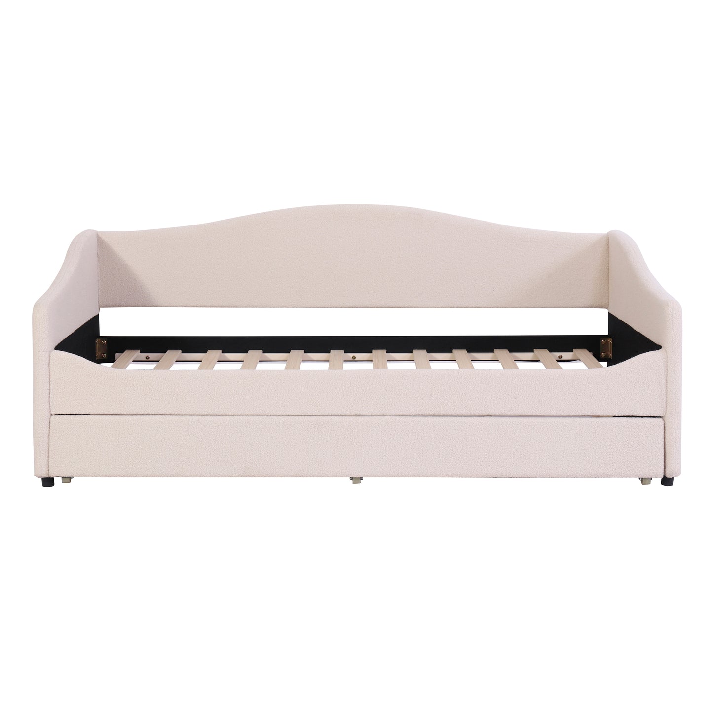 Beige upholstered daybed with curved backrest and wooden slat support