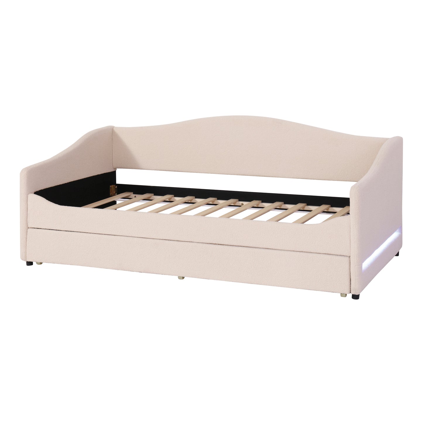 Cream boucle fabric daybed with curved arms and wooden slats