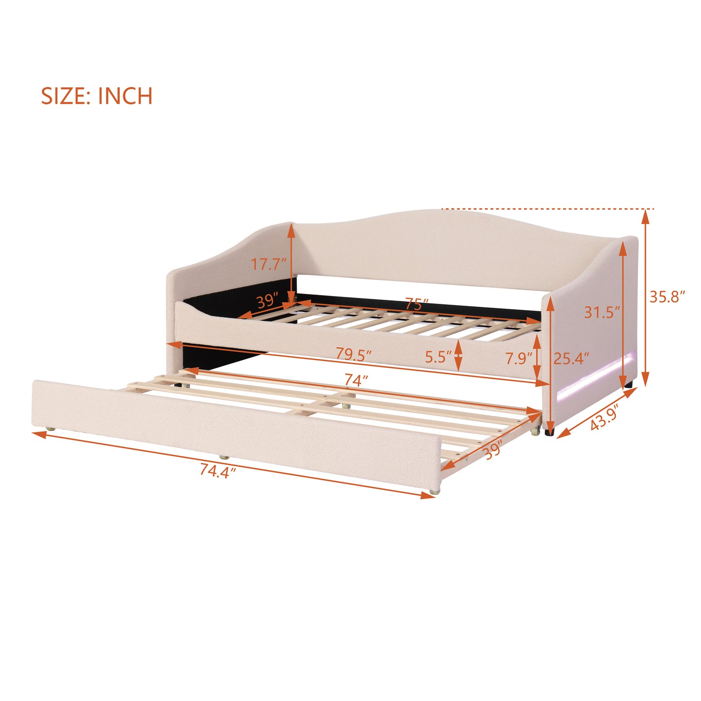 Beige upholstered daybed with pullout trundle showing dimensions for sofa bed