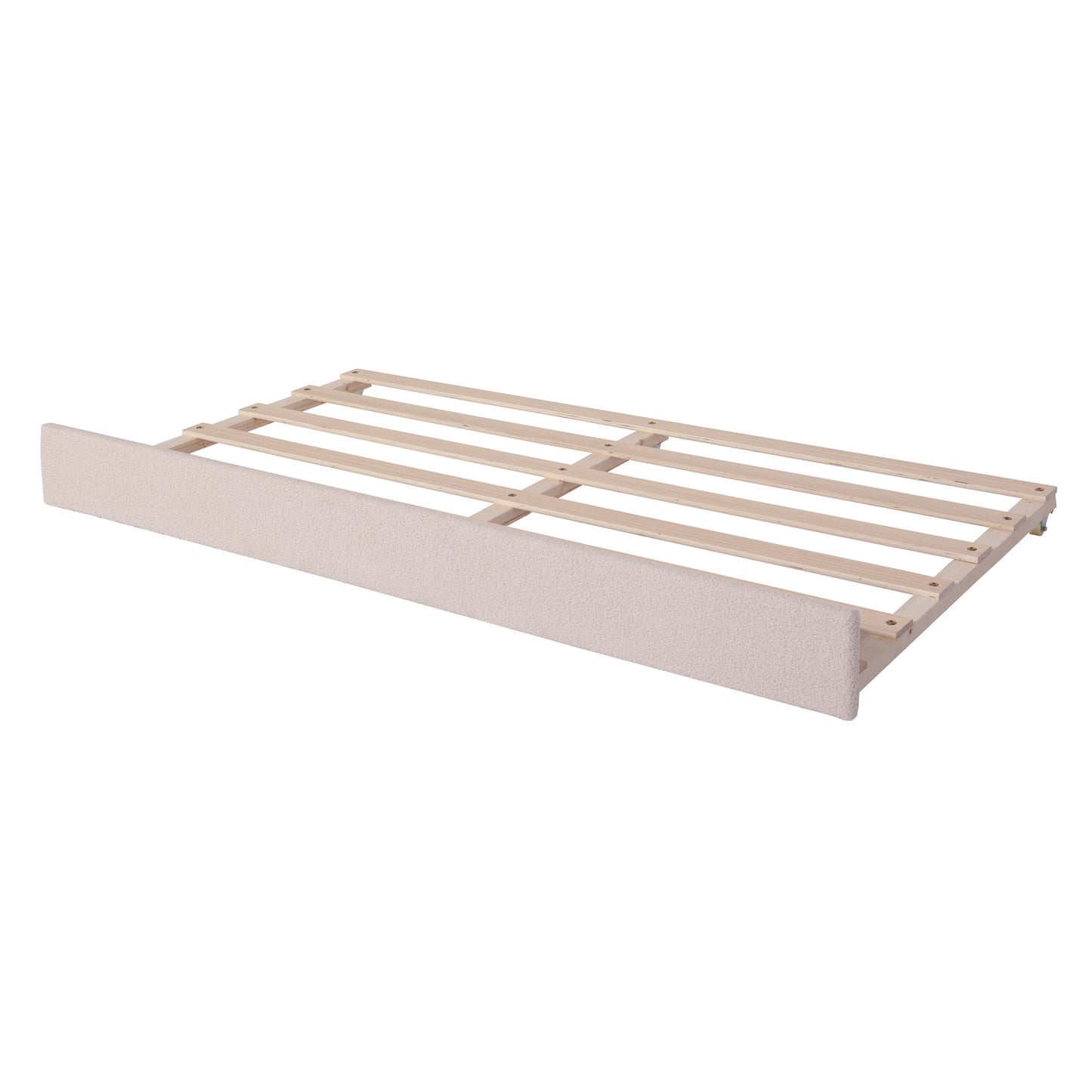 Upholstered beige bed frame with wooden slats for mattress support