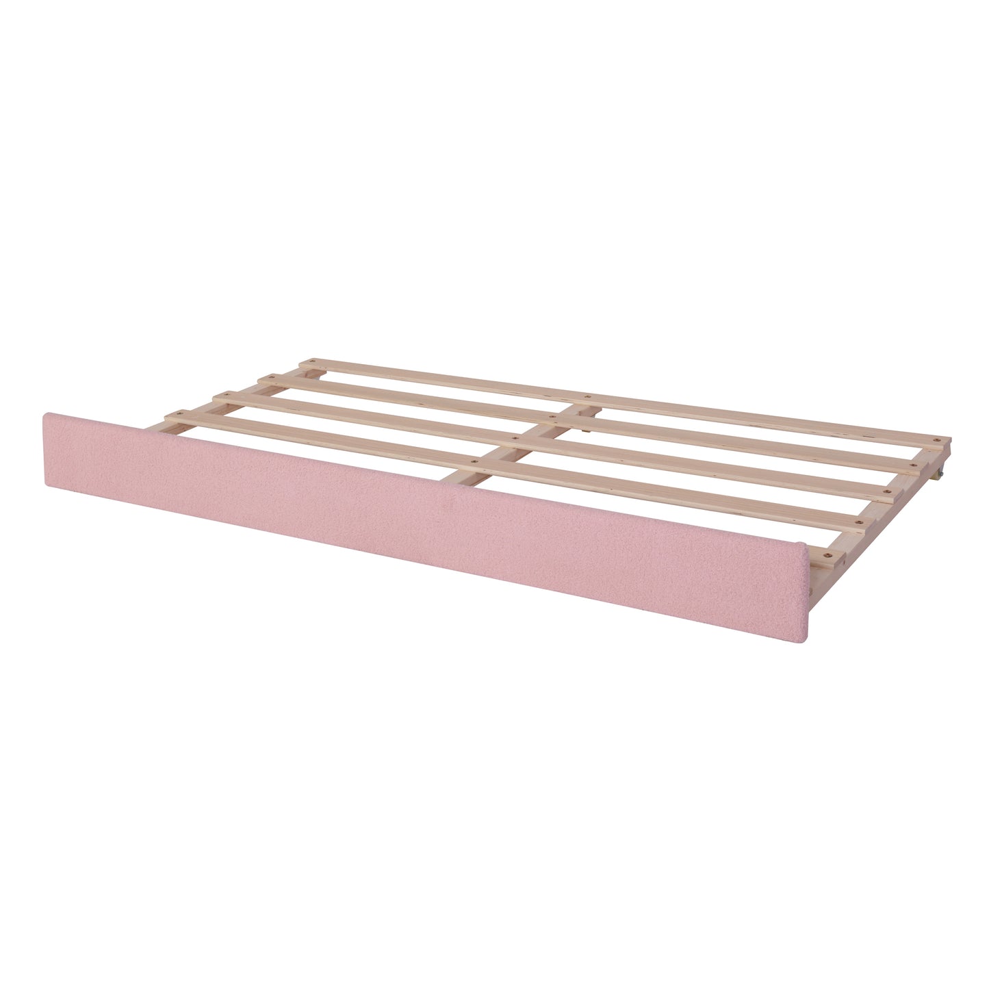Pink upholstered bed frame with wooden slats