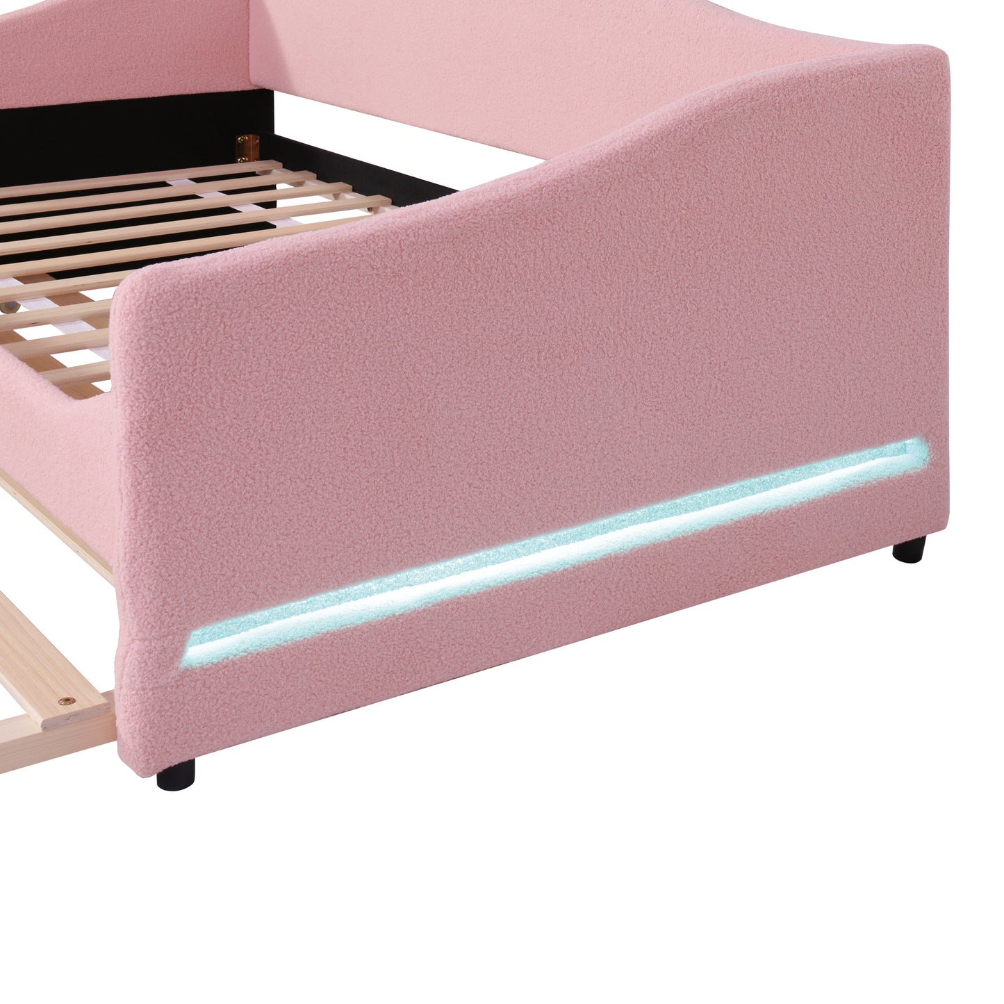 Pink textured upholstered twin bed frame with integrated LED strip lighting