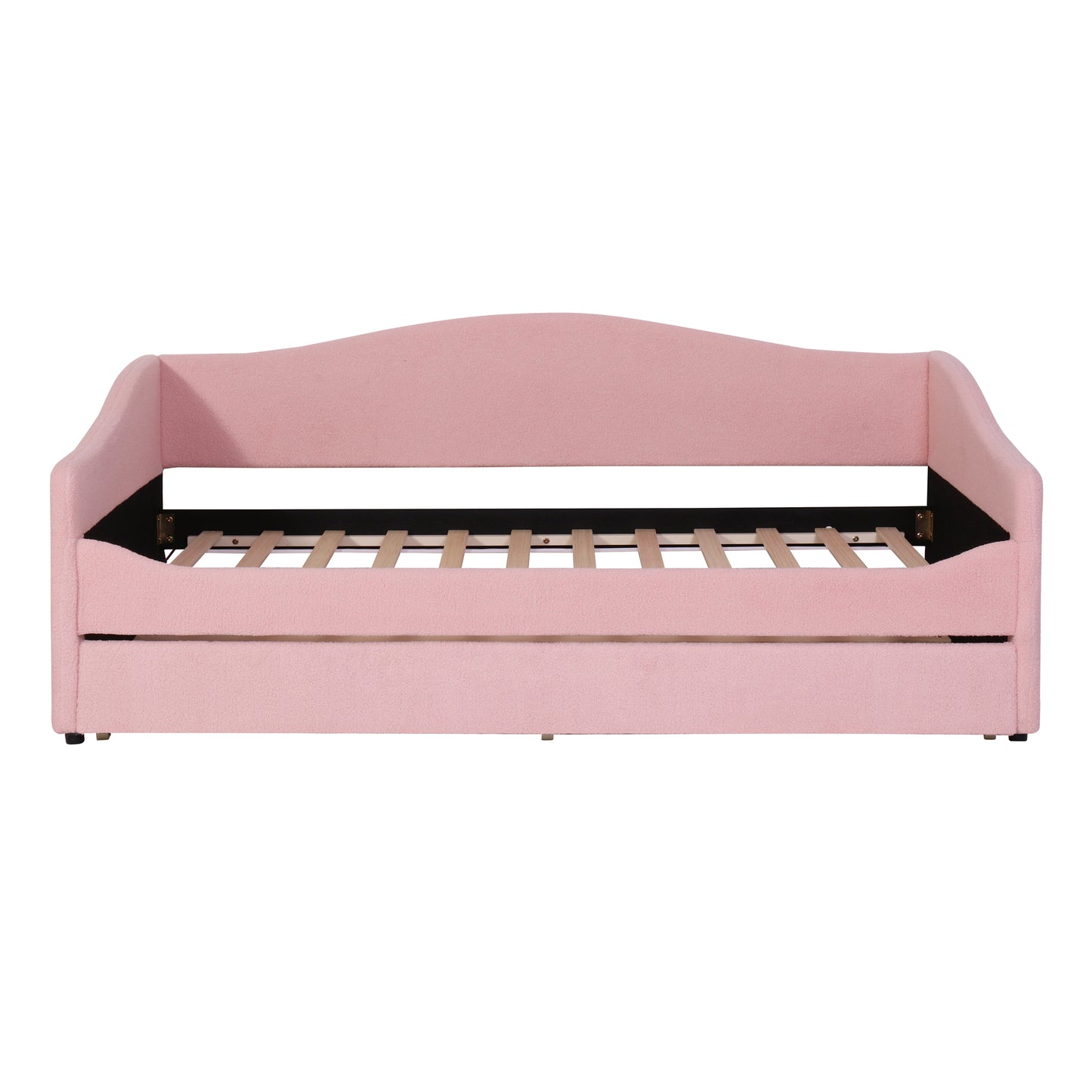 Pink upholstered daybed with arched back and wooden slats