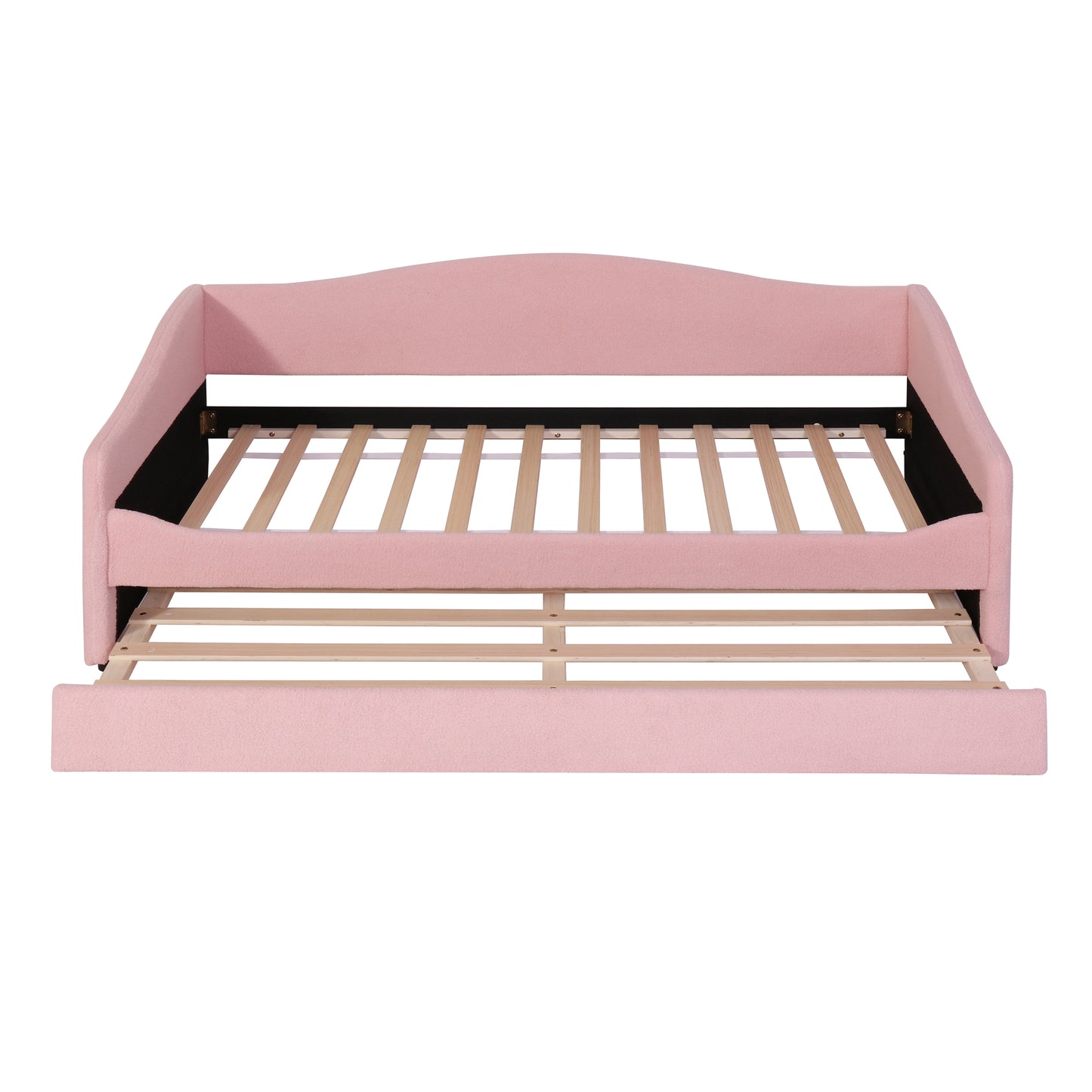 Pink upholstered daybed with pullout trundle and wooden slats