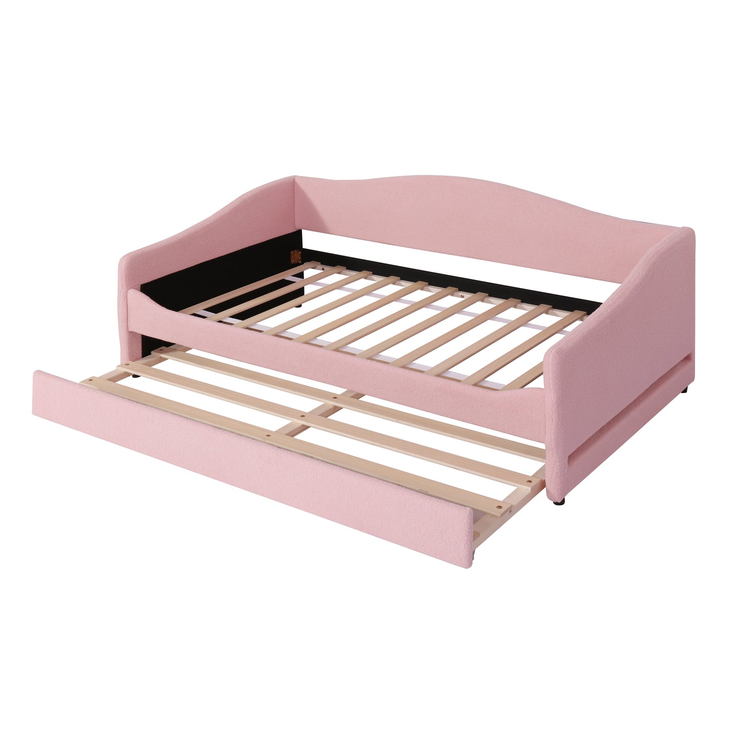 Pink upholstered daybed with pullout trundle bed perfect for kids rooms