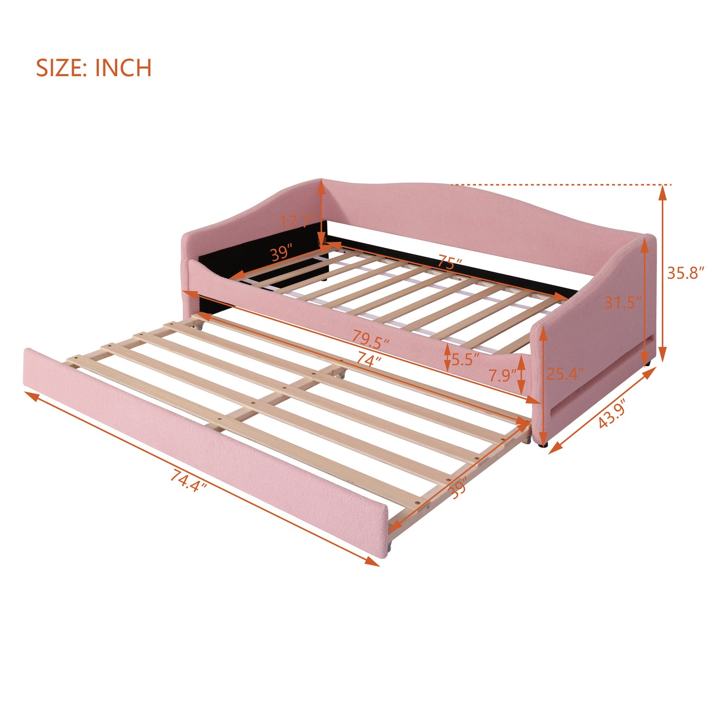 Pink upholstered daybed with pullout trundle dimensions shown