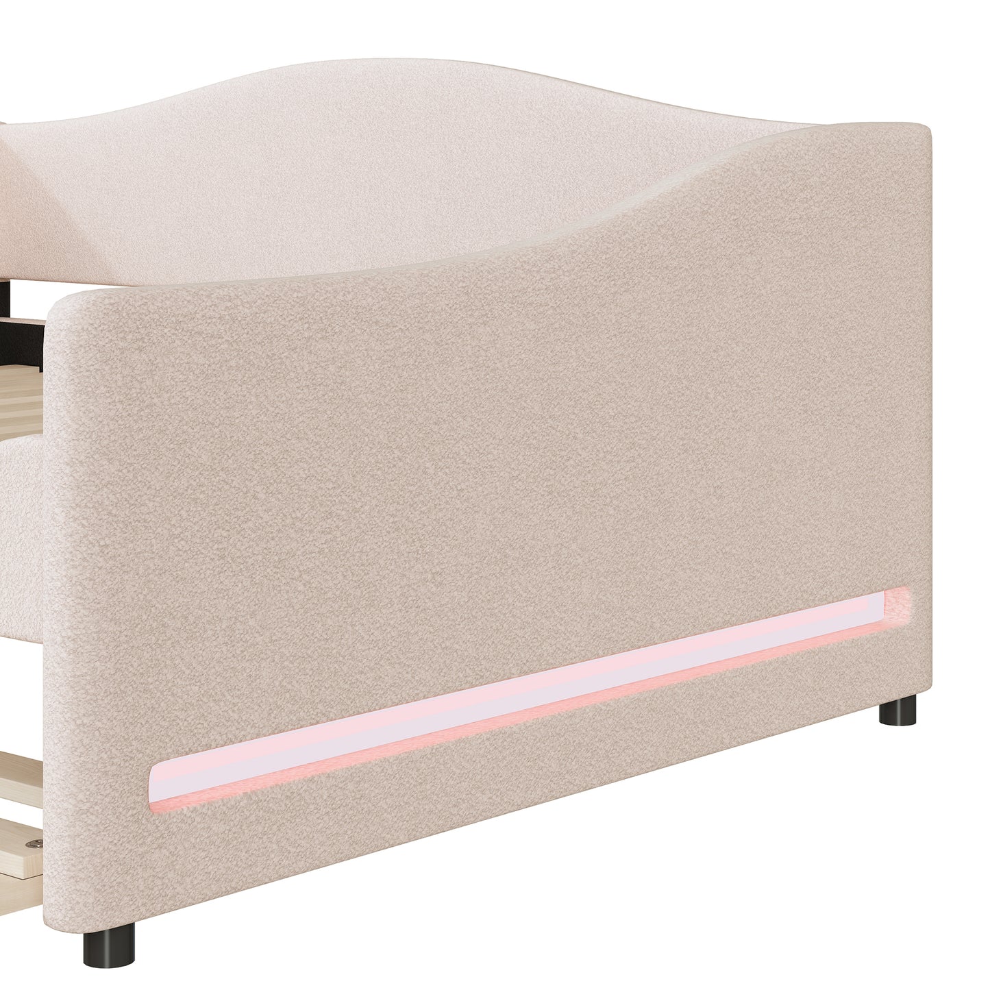 Beige upholstered twin bed frame with integrated pink LED lighting