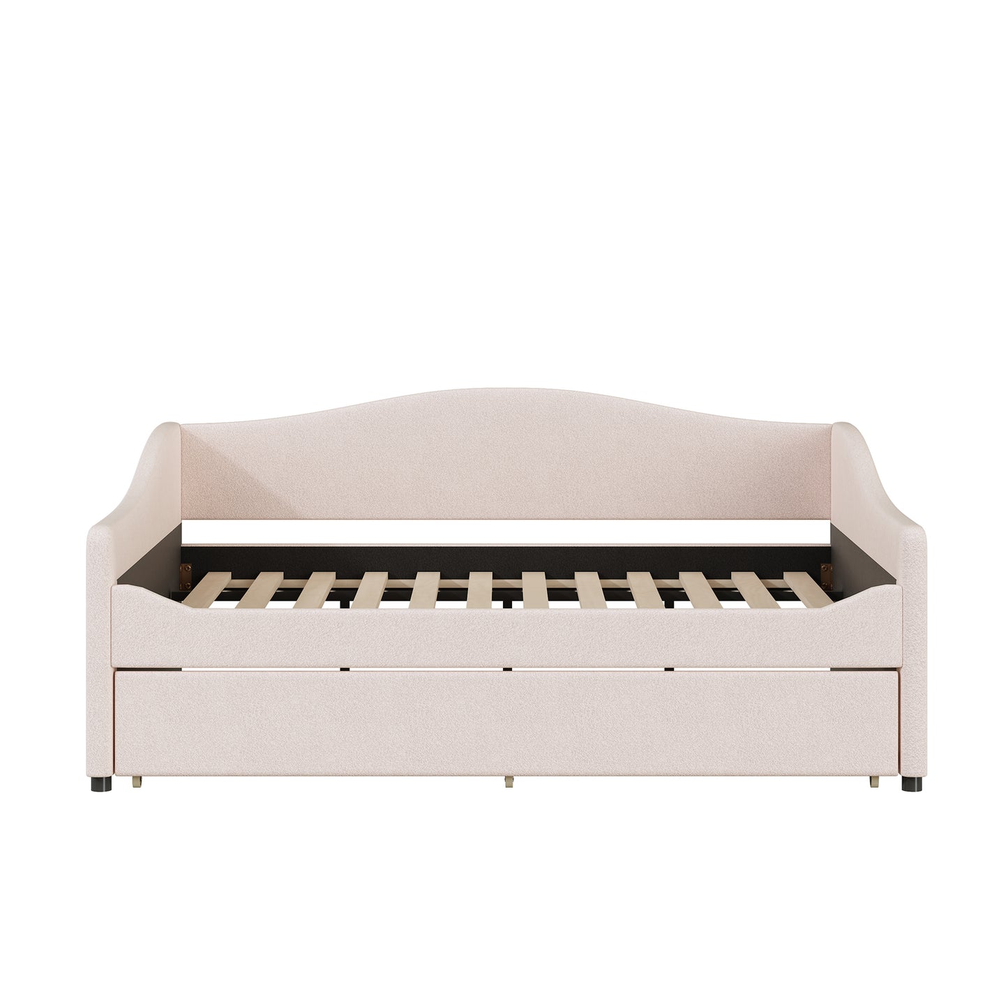 Beige upholstered daybed with a pullout trundle