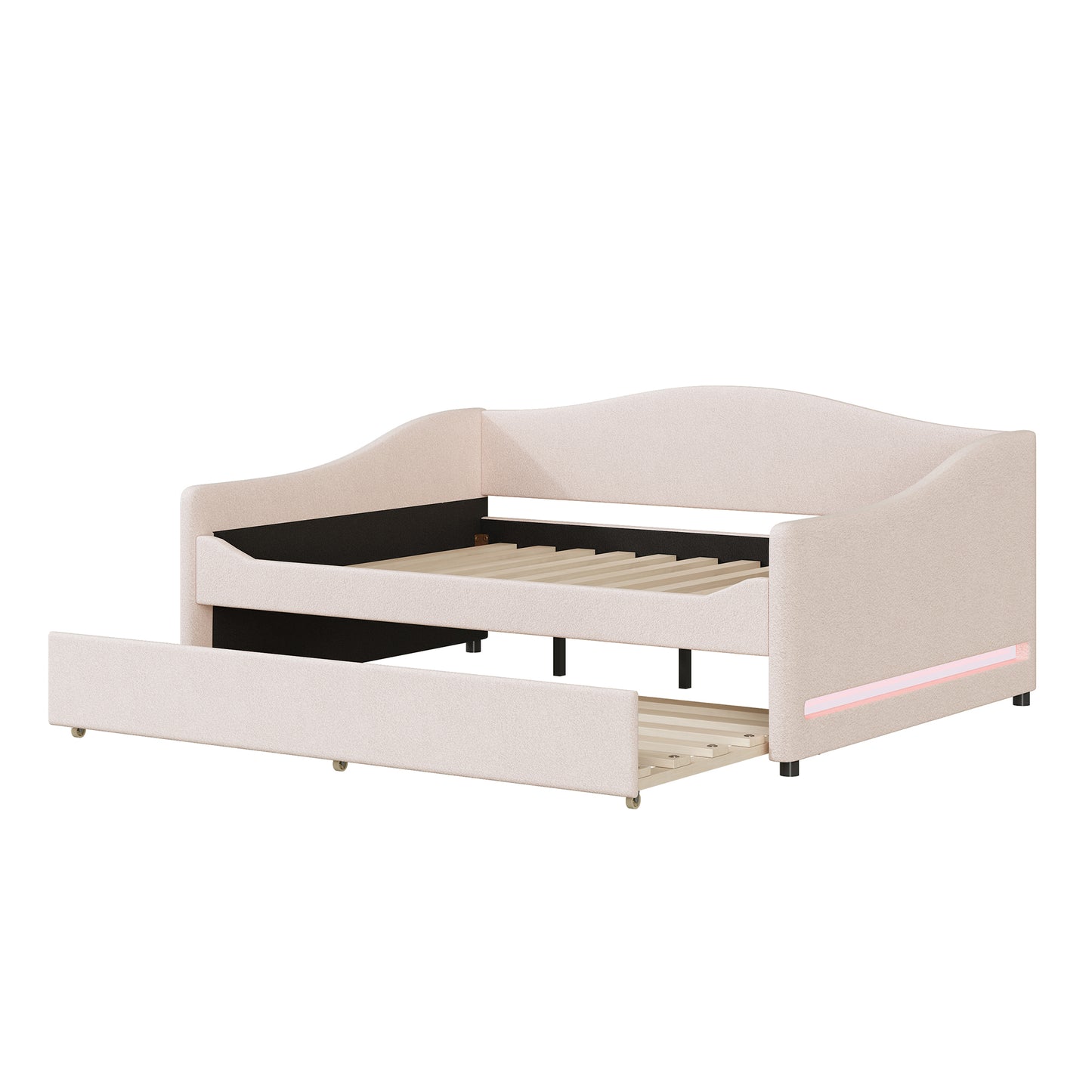 Beige upholstered daybed with pullout trundle wooden slats and LED lighting accents