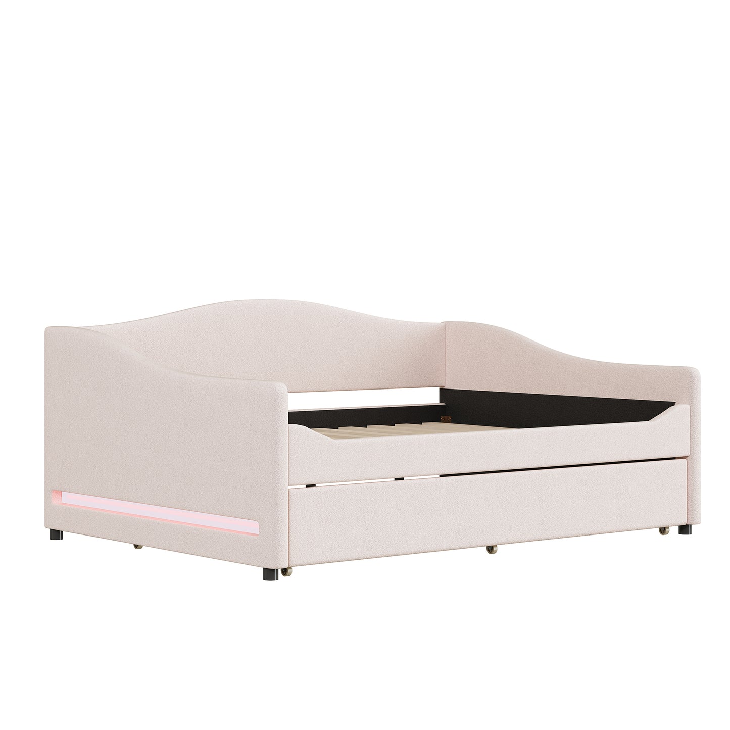 Modern upholstered daybed in soft beige with LED accents and pullout drawer