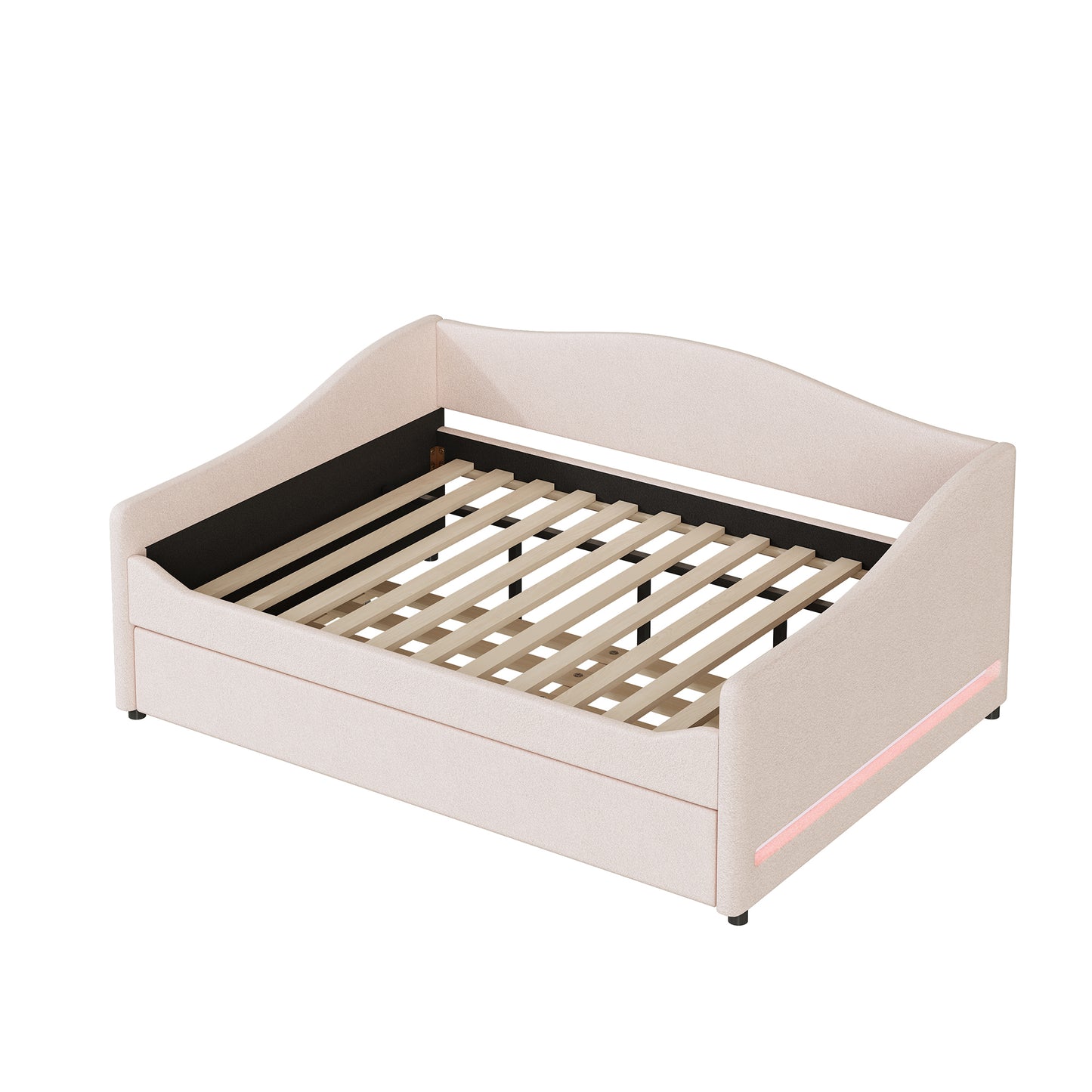 Light beige upholstered daybed with slatted base and LED strip