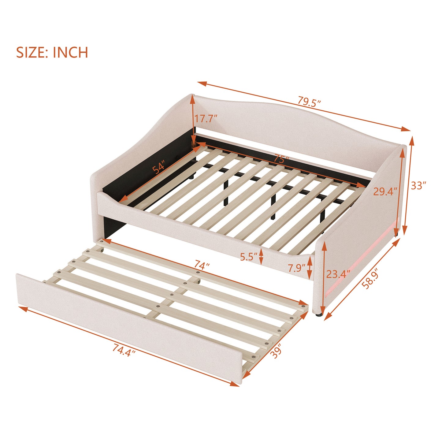Light beige daybed with pullout trundle showcasing dimensions for size and space planning