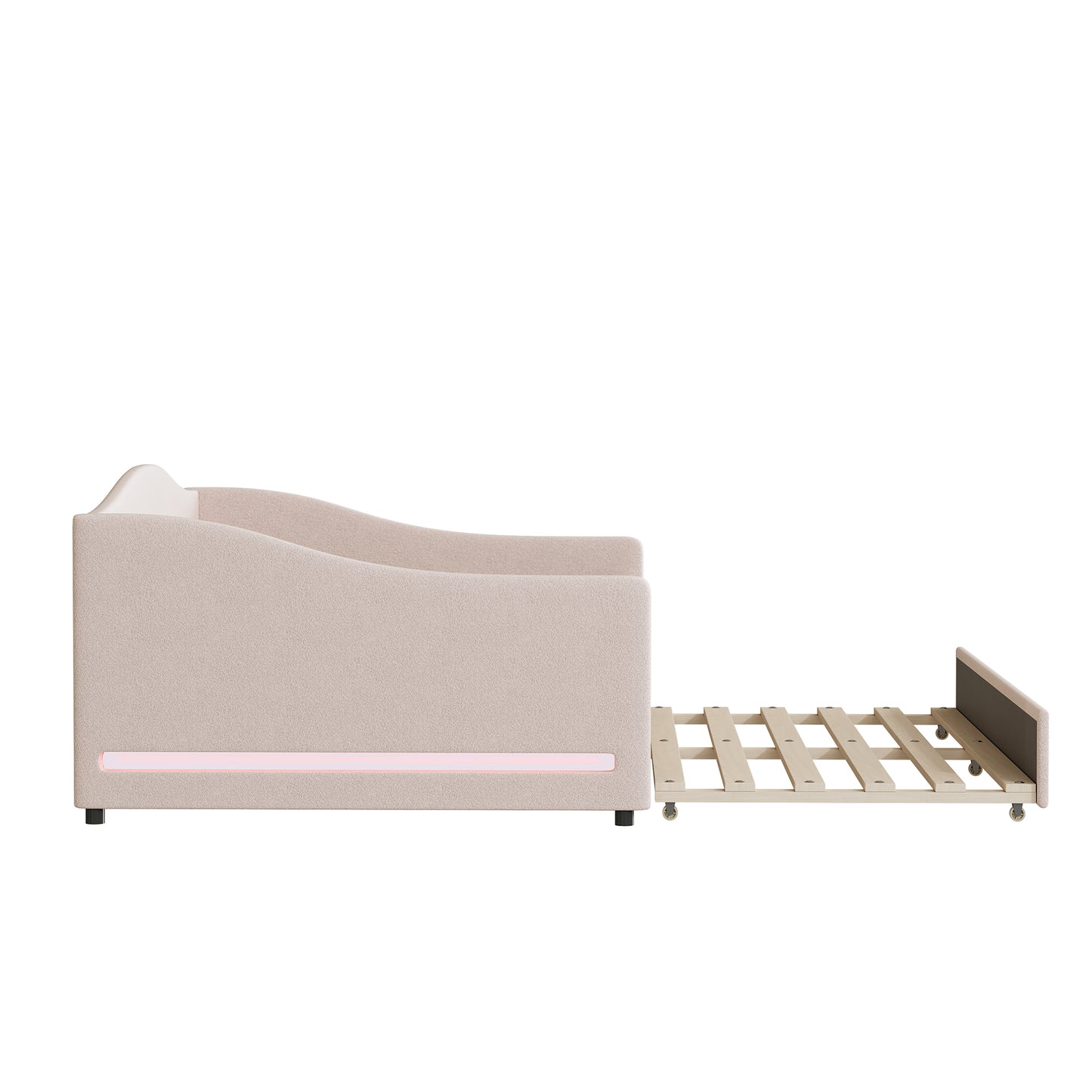 beige fabric sofa bed with pullout mattress base