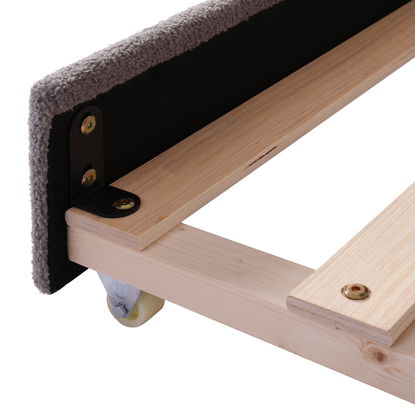 Closeup of a grey textured fabric edge on a wooden bed frame with a caster wheel