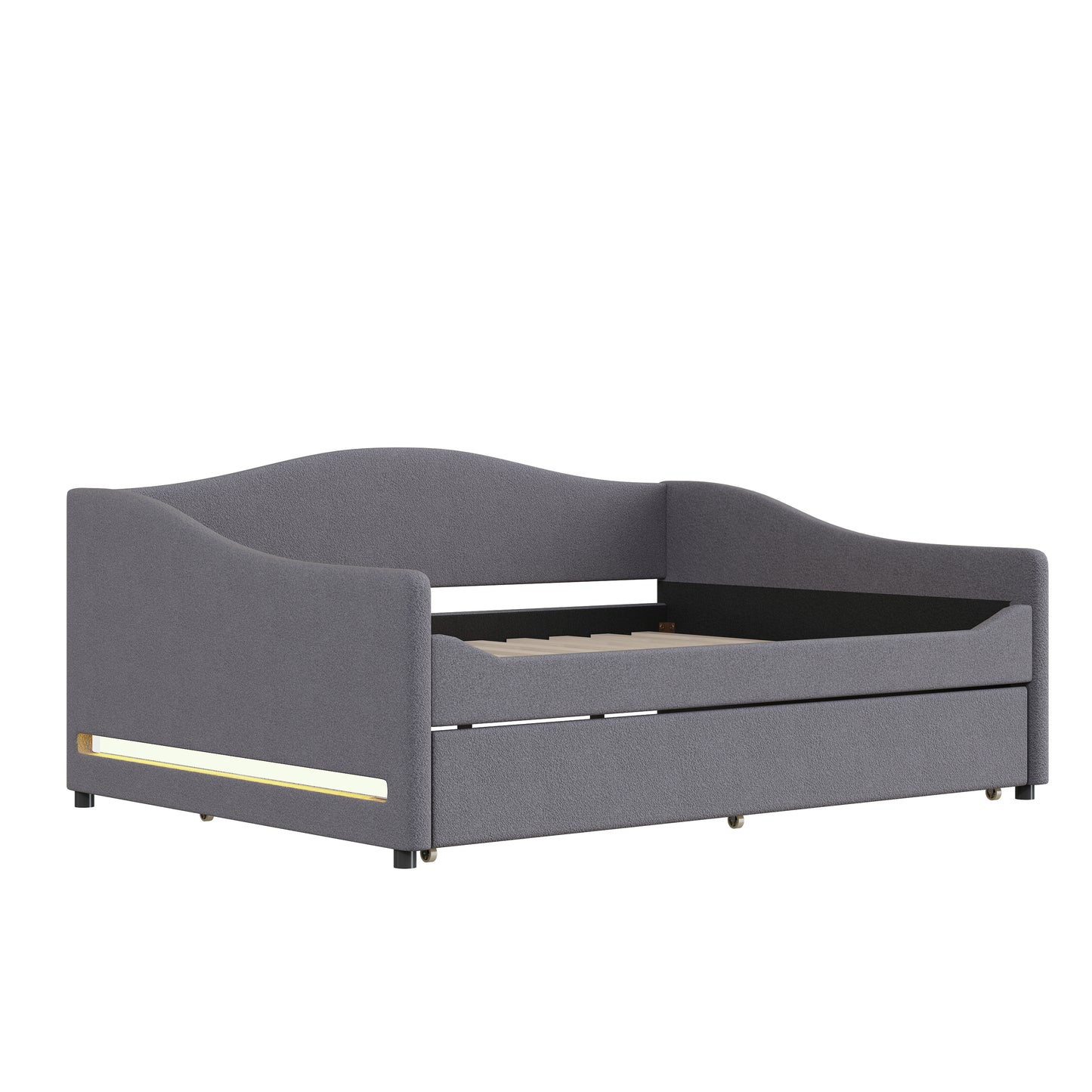 Grey fabric daybed with a pullout trundle