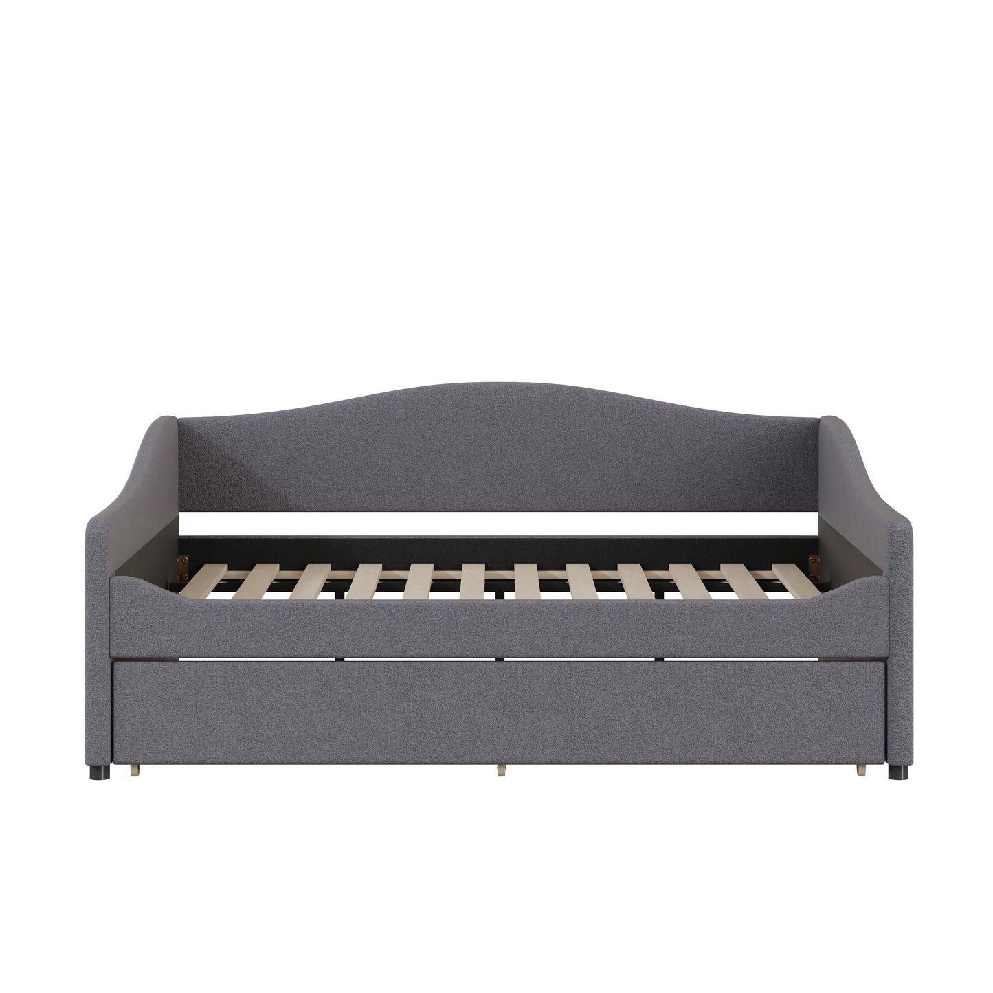 Gray fabric daybed with slatted wood base