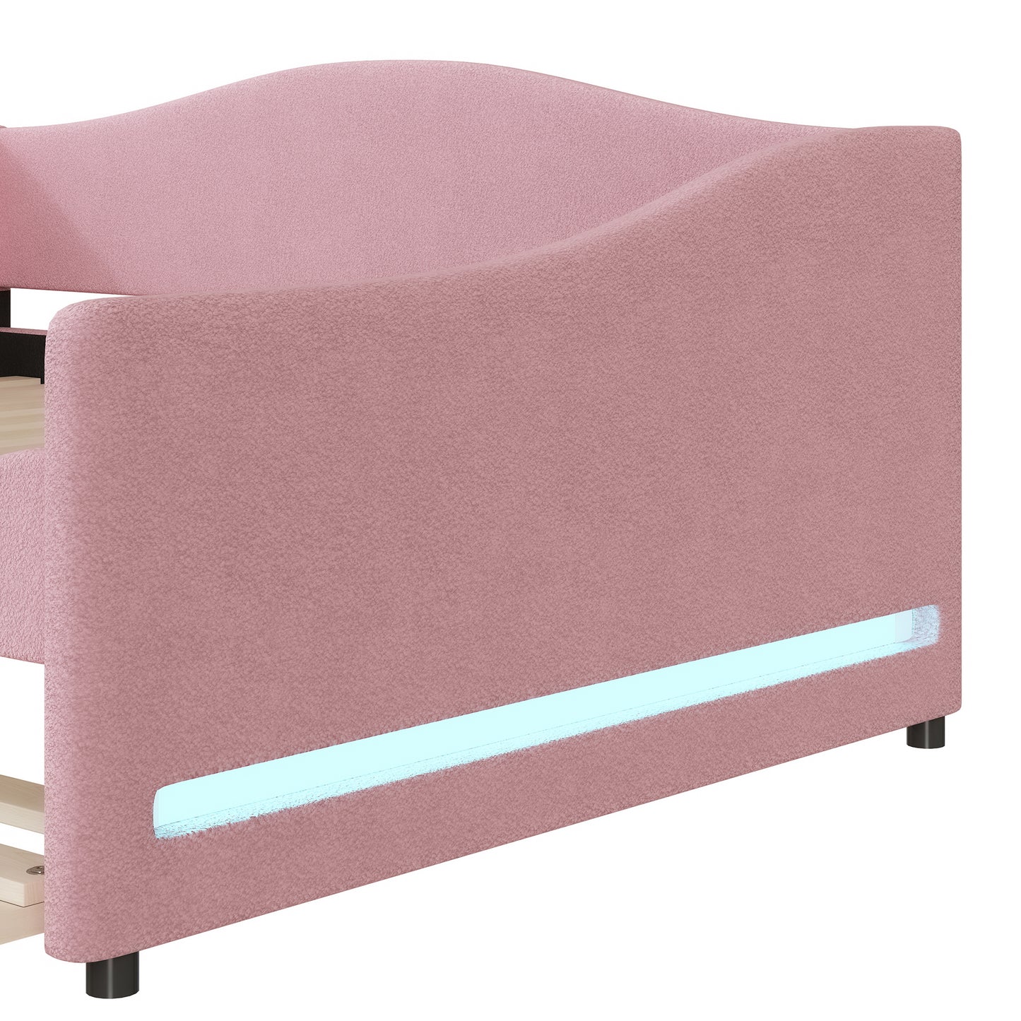 Pink upholstered bed frame with LED strip detail