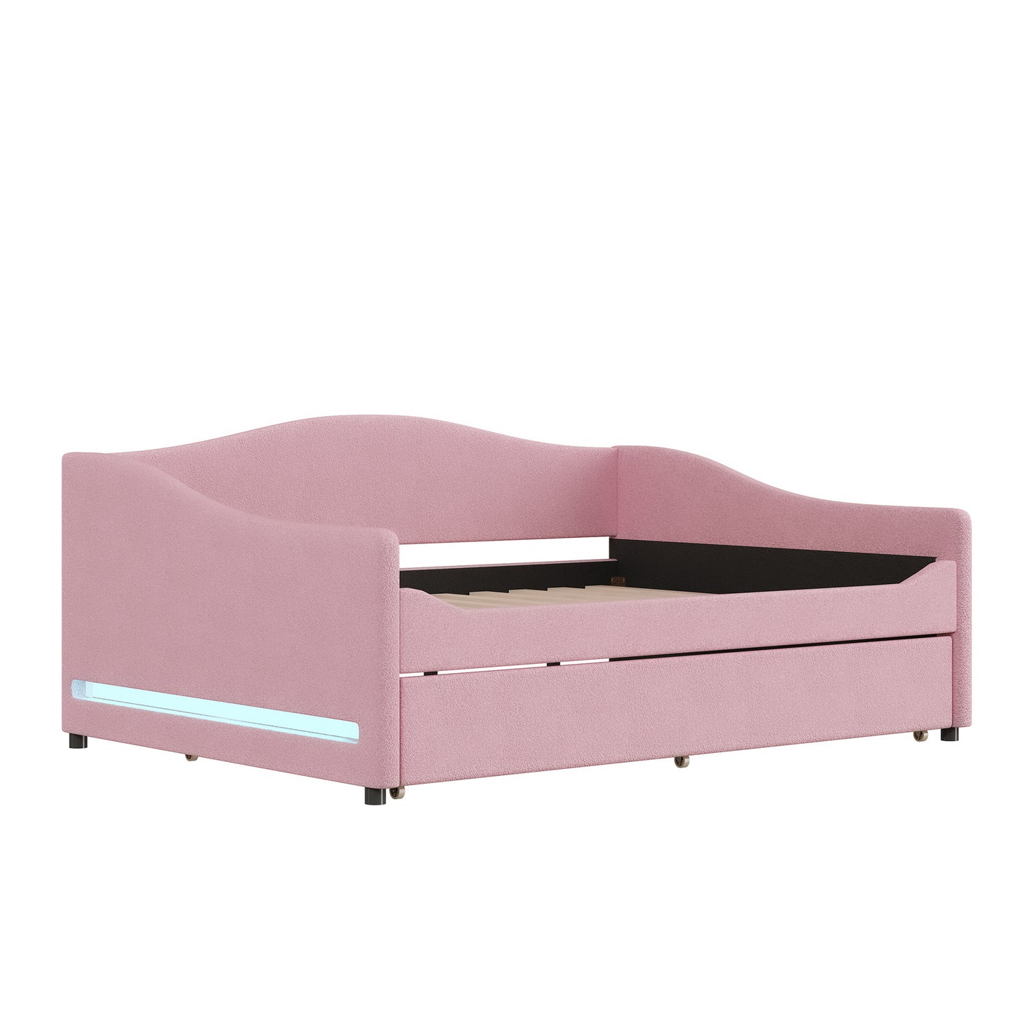 Pink upholstered daybed with integrated LED lighting
