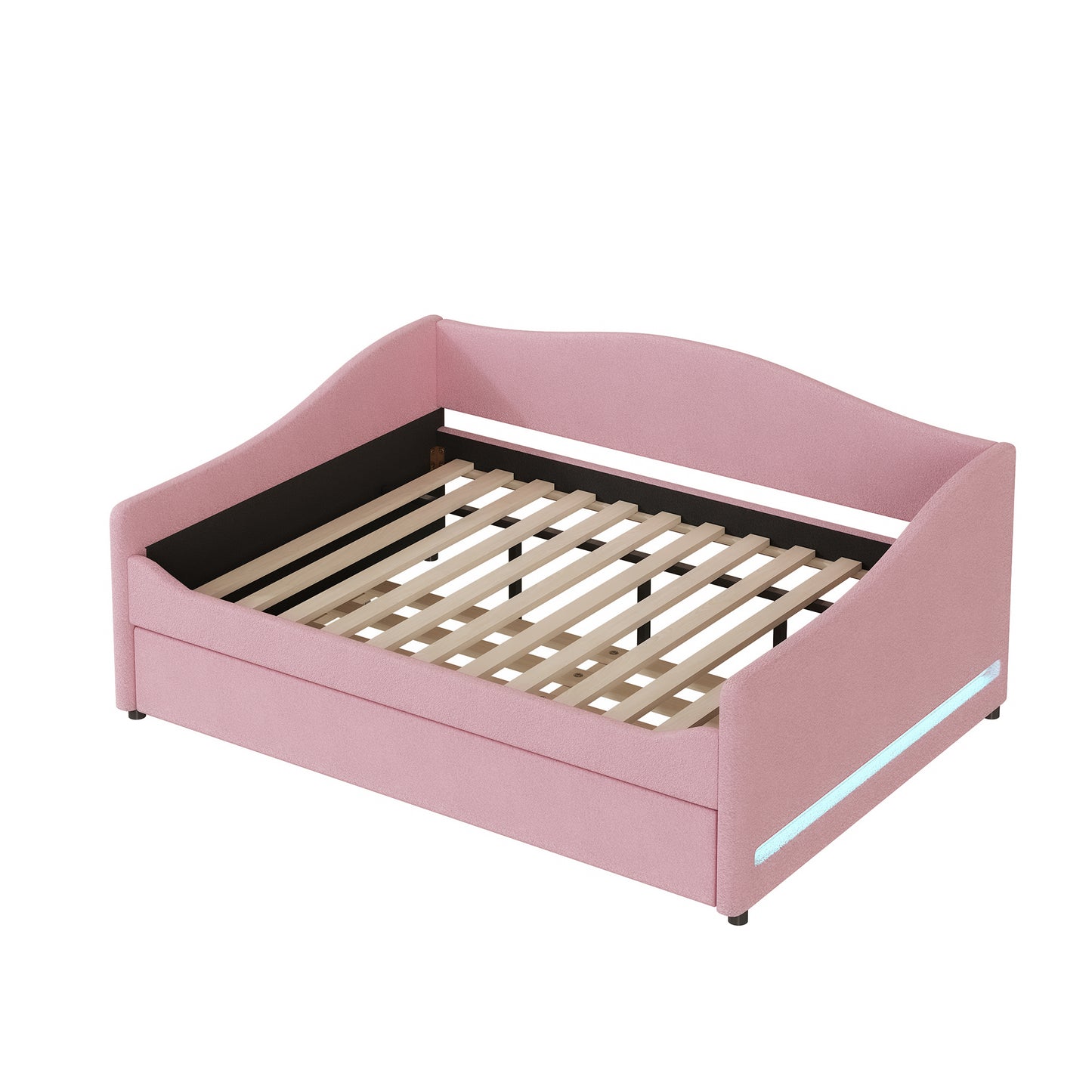 Pink upholstered daybed with wooden slats and LED light strip