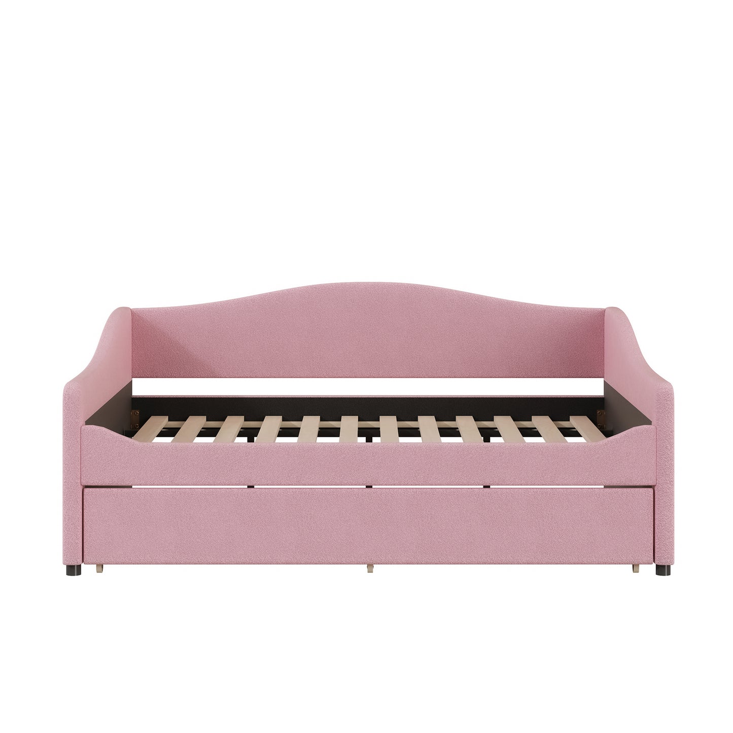 Pink upholstered daybed with wooden slats and integrated drawer storage