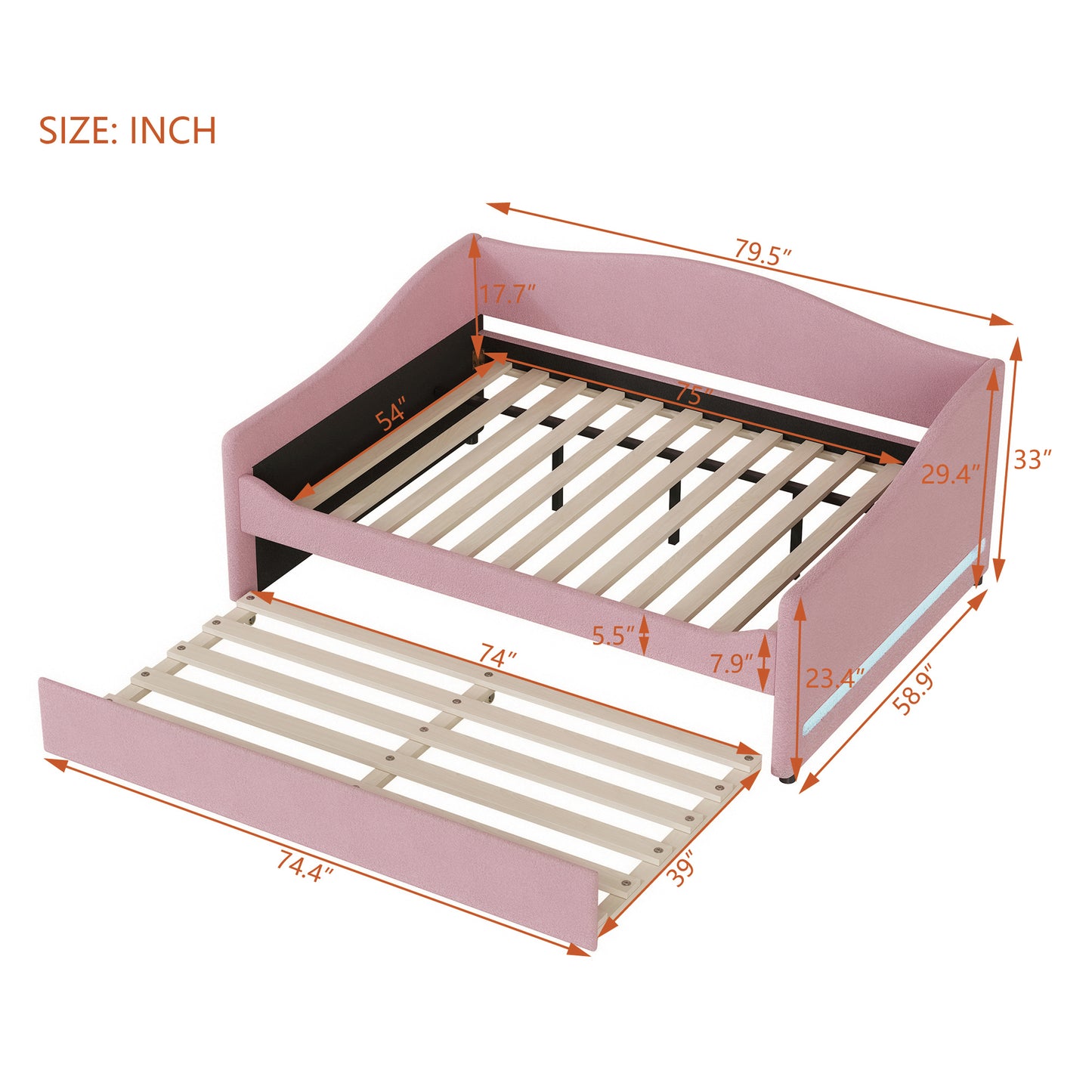 Pink fabric daybed with pullout trundle featuring detailed dimensions for an organized bedroom