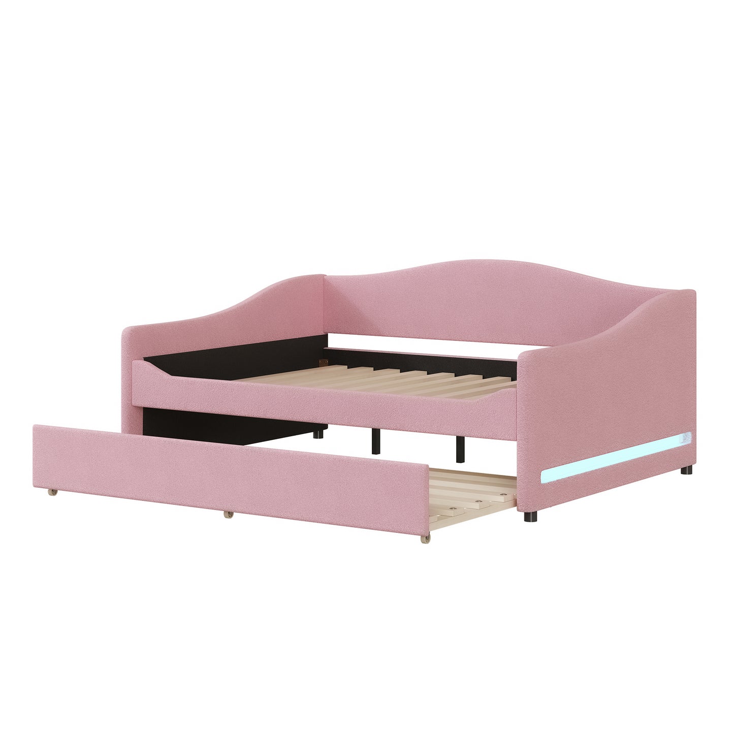 Pink upholstered daybed with pullout trundle featuring a plush fabric finish and LED strip lighting for modern appeal