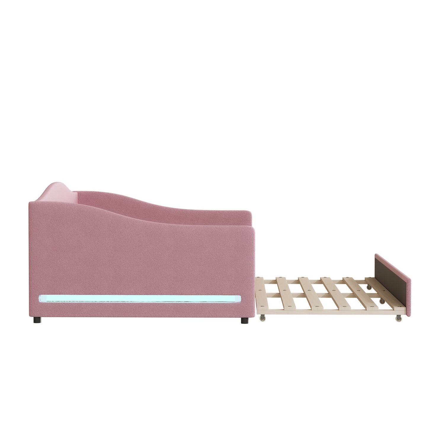 Dusty rose pullout sofa bed frame with slatted base and LED accent light