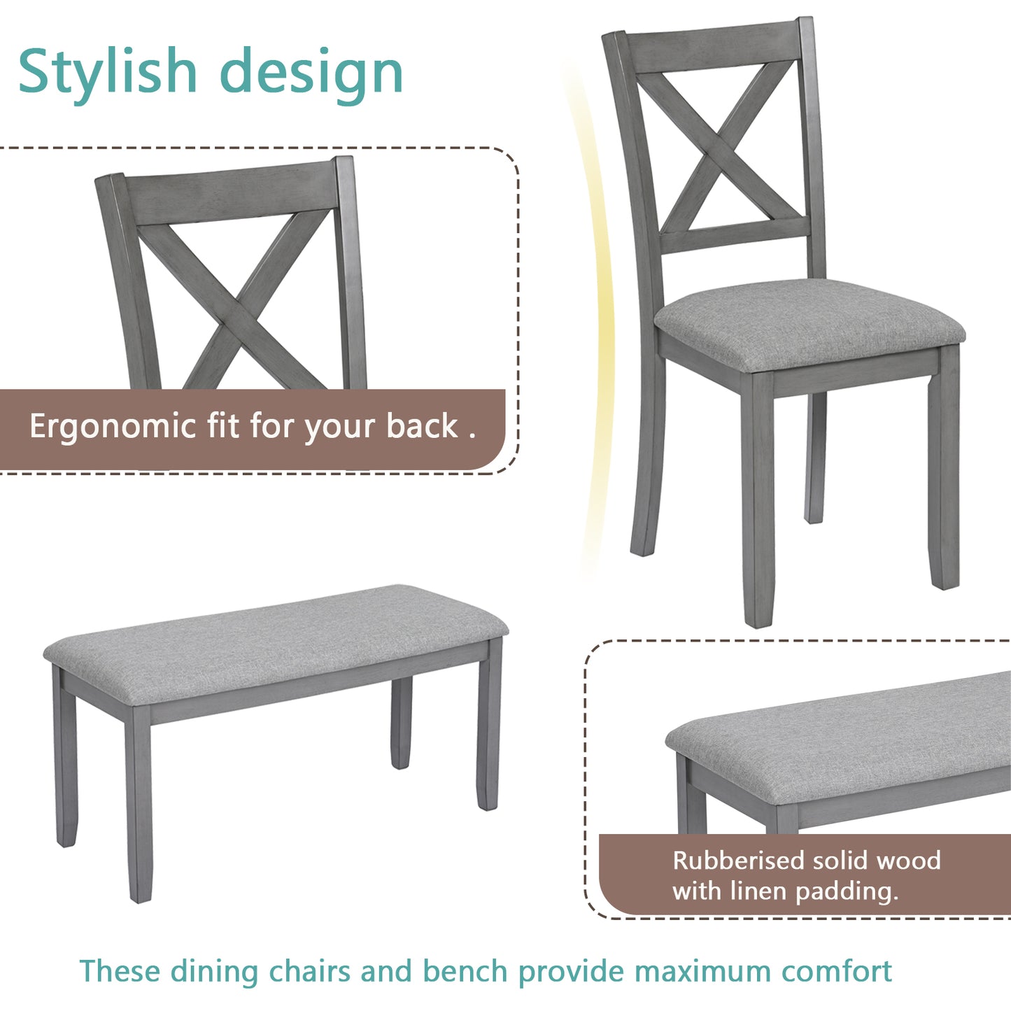 Gray wooden dining chair with Xback design and upholstered seat
