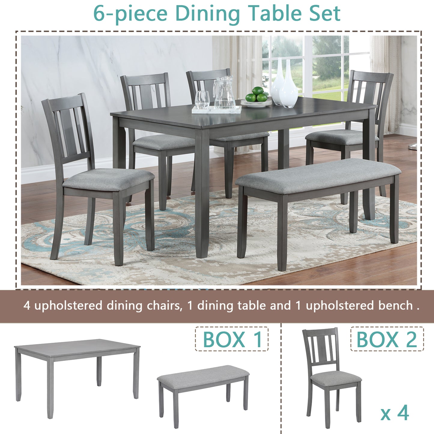 Gray piece dining table set with upholstered chairs and bench